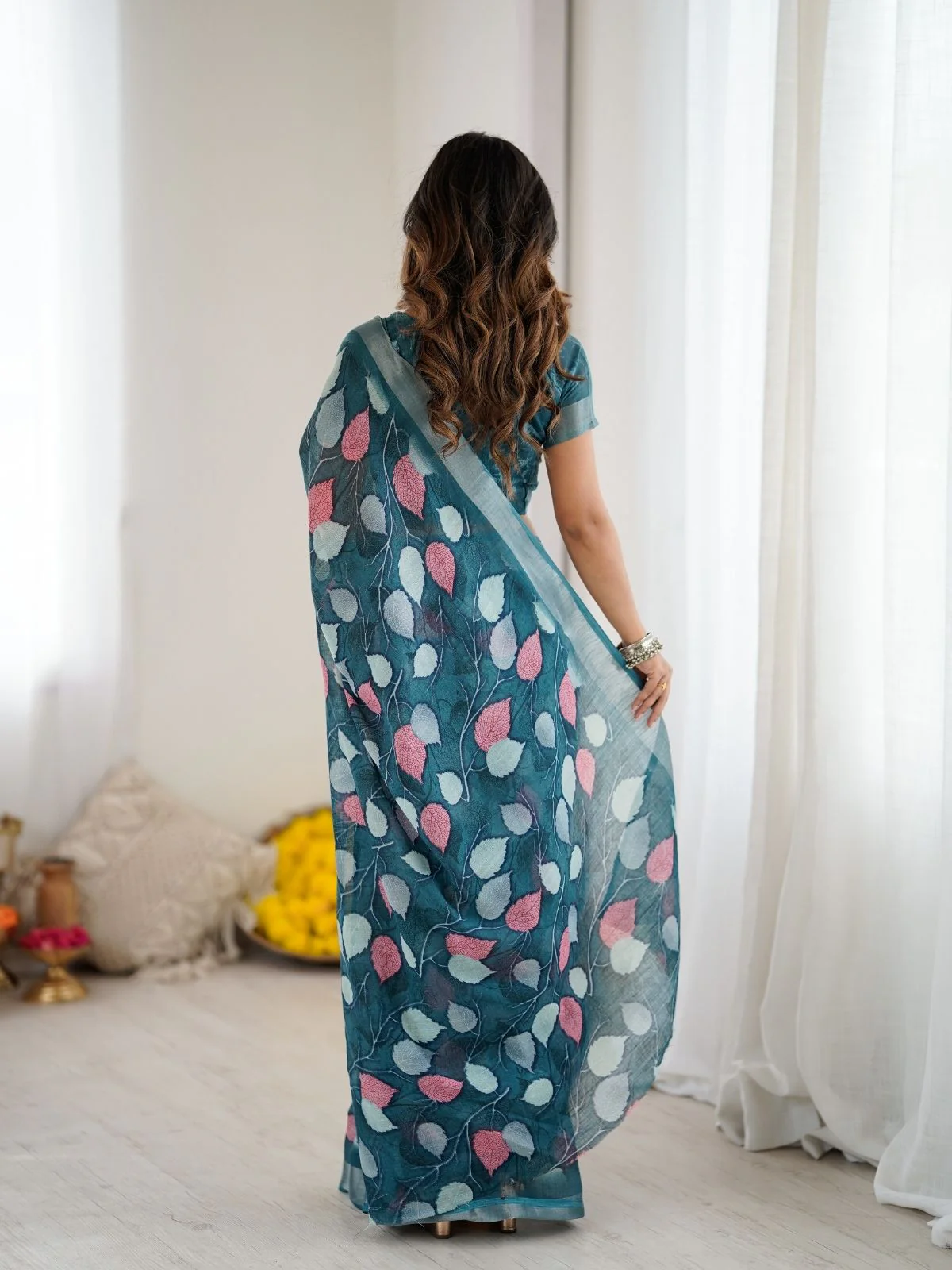 Odette Teal Blue Linen Cotton Printed Saree For Women - Image 3
