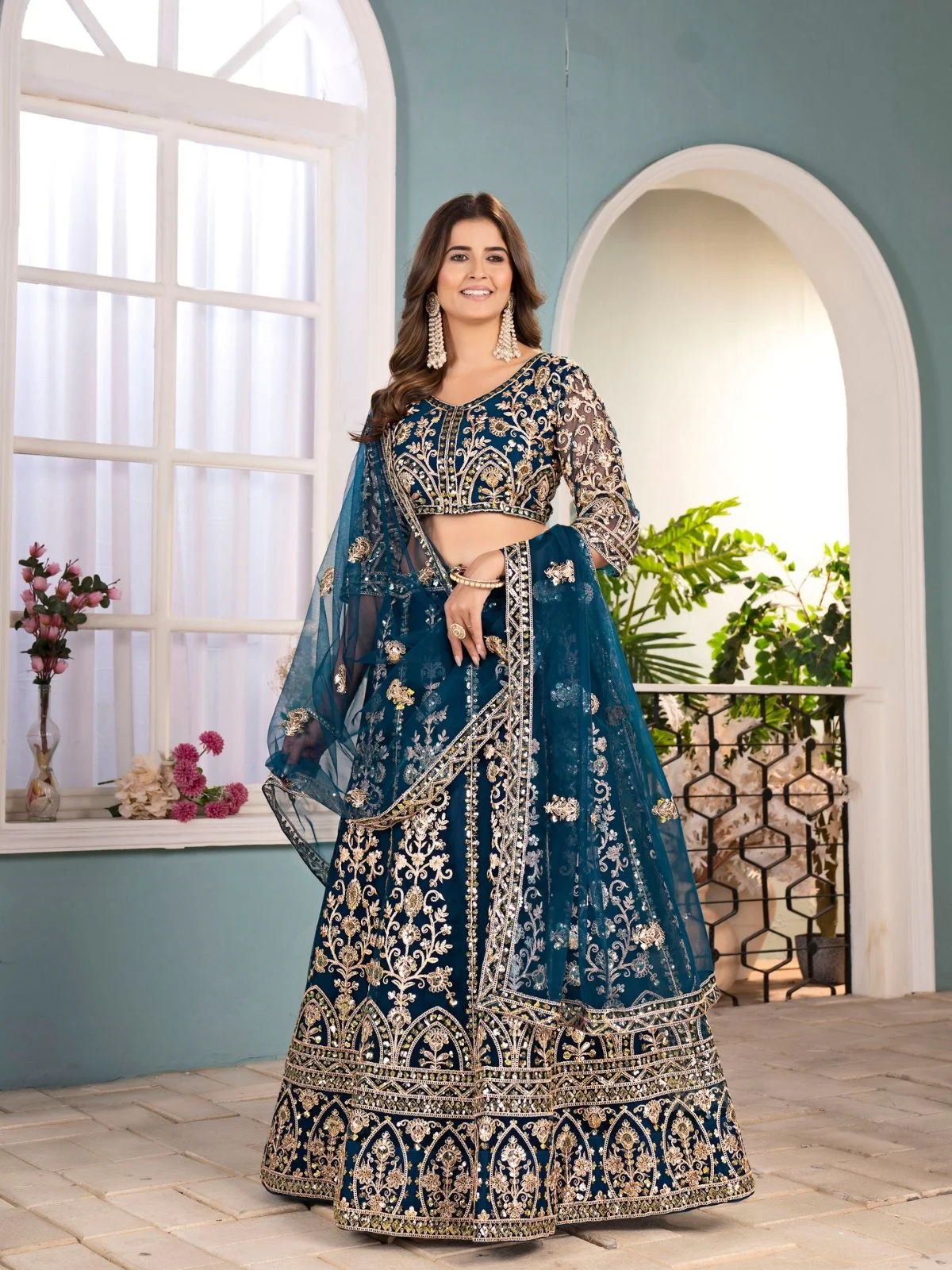 Odette Teal Blue Net Embellished Semi Stitched Lehenga For Women - Image 2