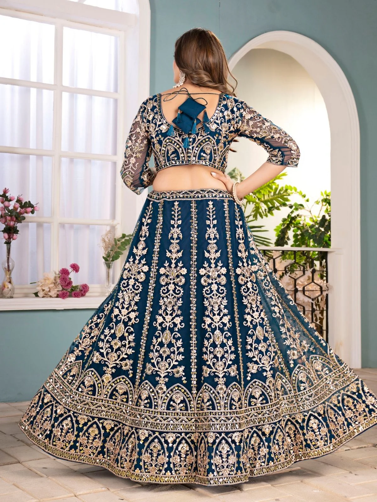 Odette Teal Blue Net Embellished Semi Stitched Lehenga For Women - Image 3