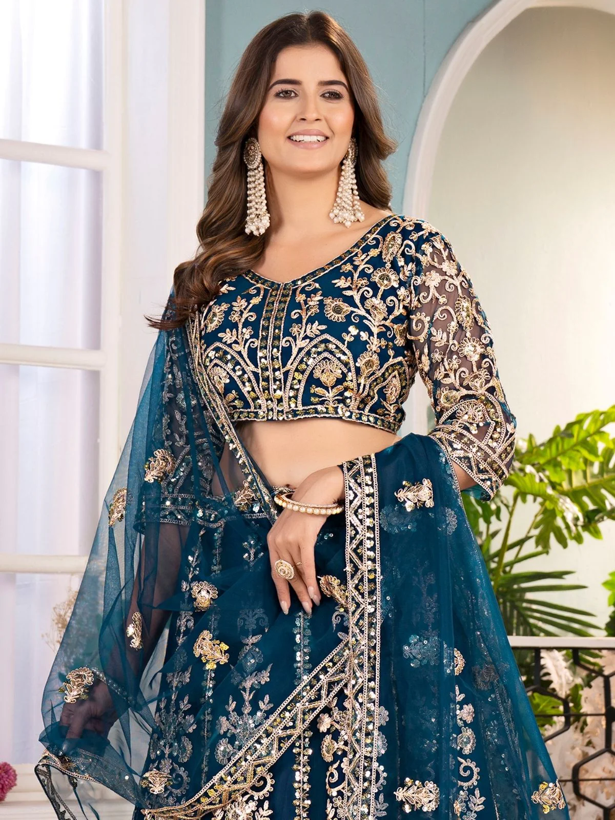 Odette Teal Blue Net Embellished Semi Stitched Lehenga For Women - Image 4