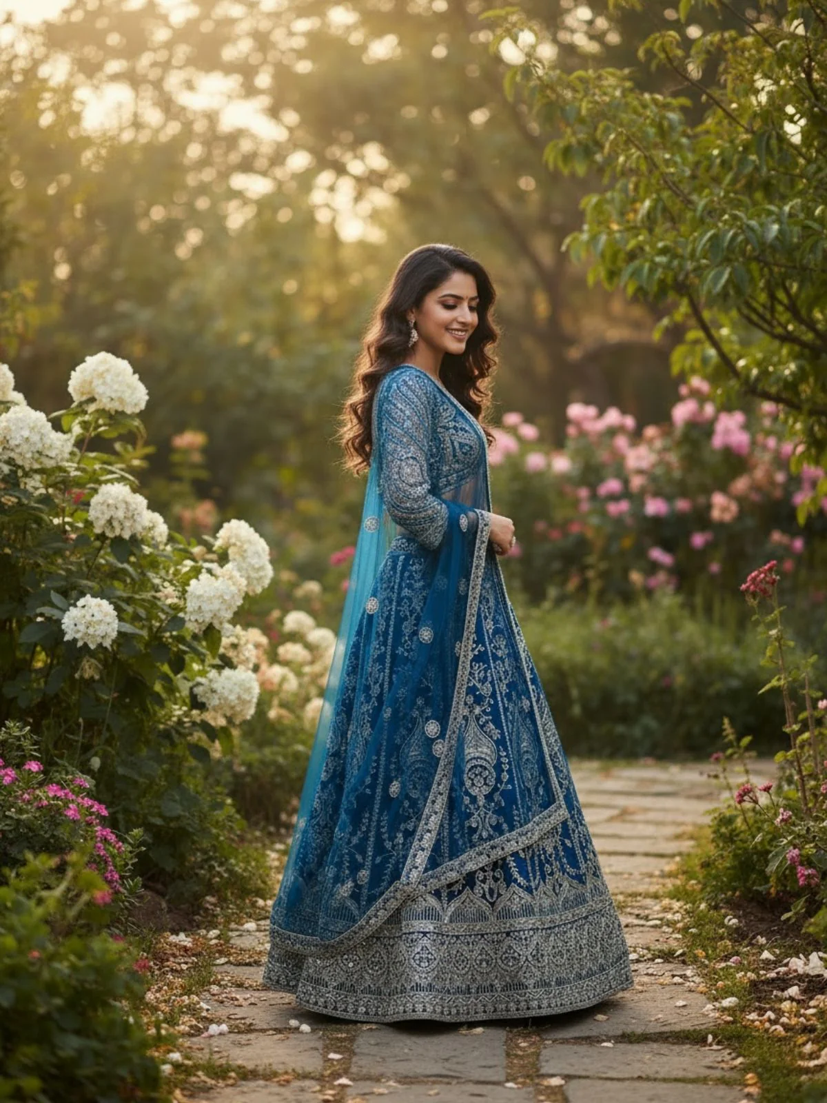 Odette Teal Blue Net Embellished Semi Stitched Lehenga For Women - Image 3