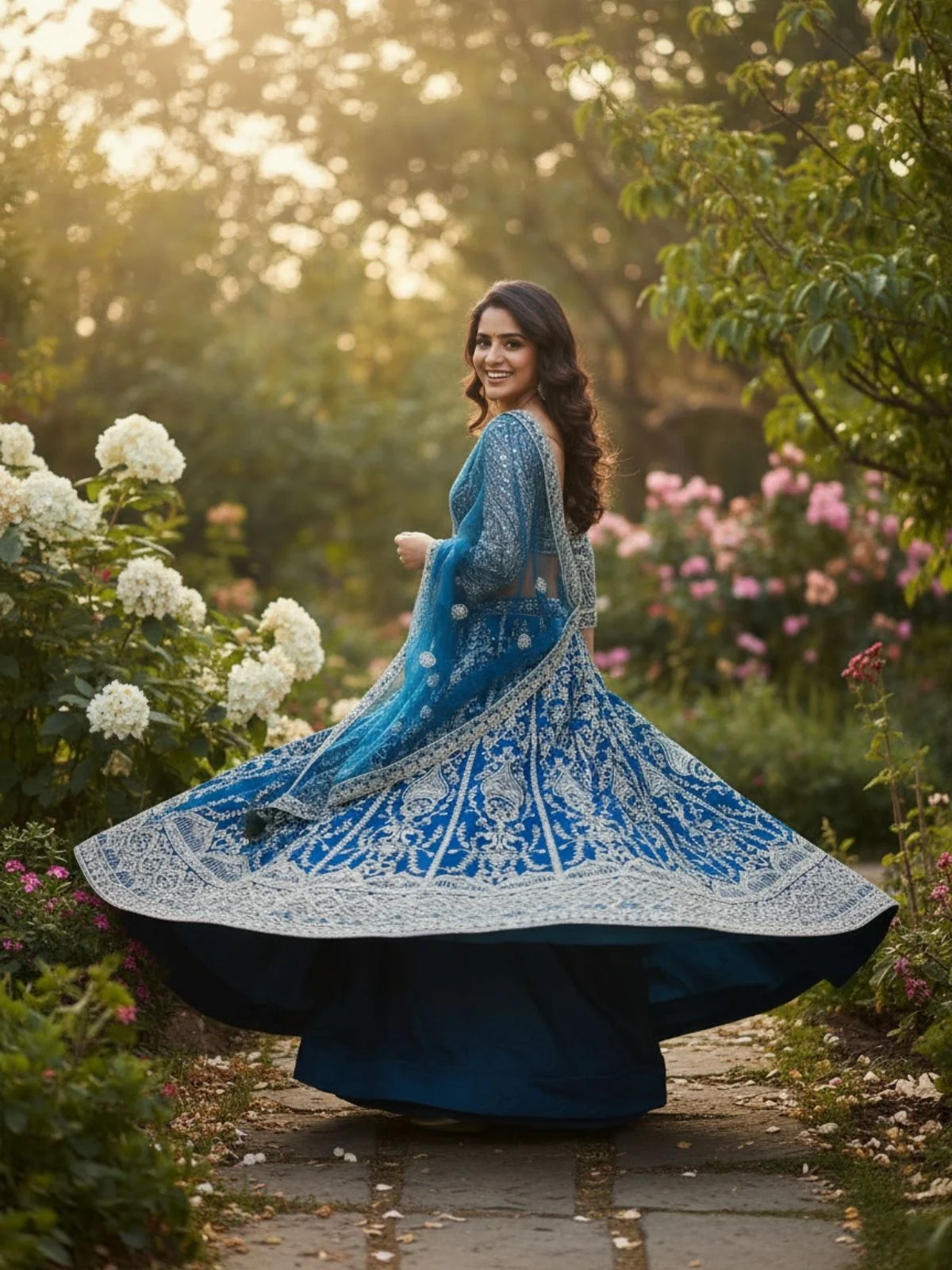 Odette Teal Blue Net Embellished Semi Stitched Lehenga For Women - Image 4