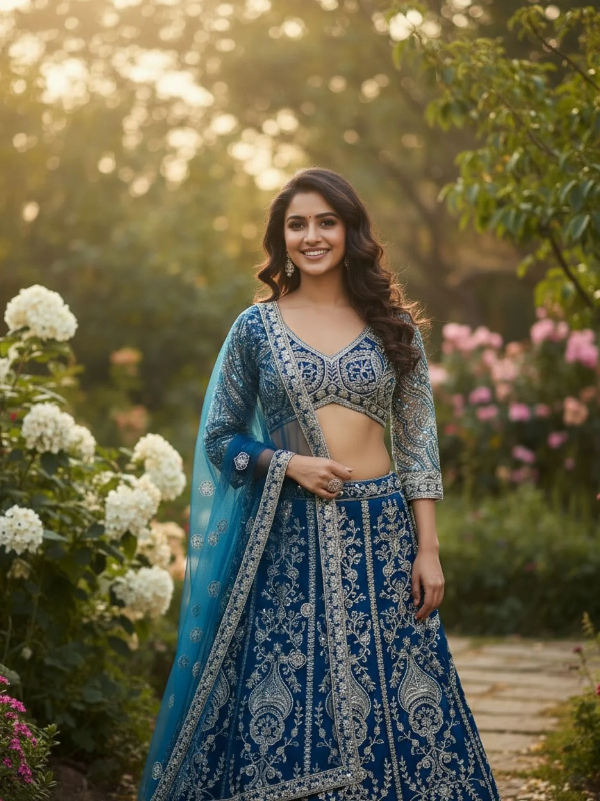 Odette Teal Blue Net Embellished Semi Stitched Lehenga For Women - Image 5