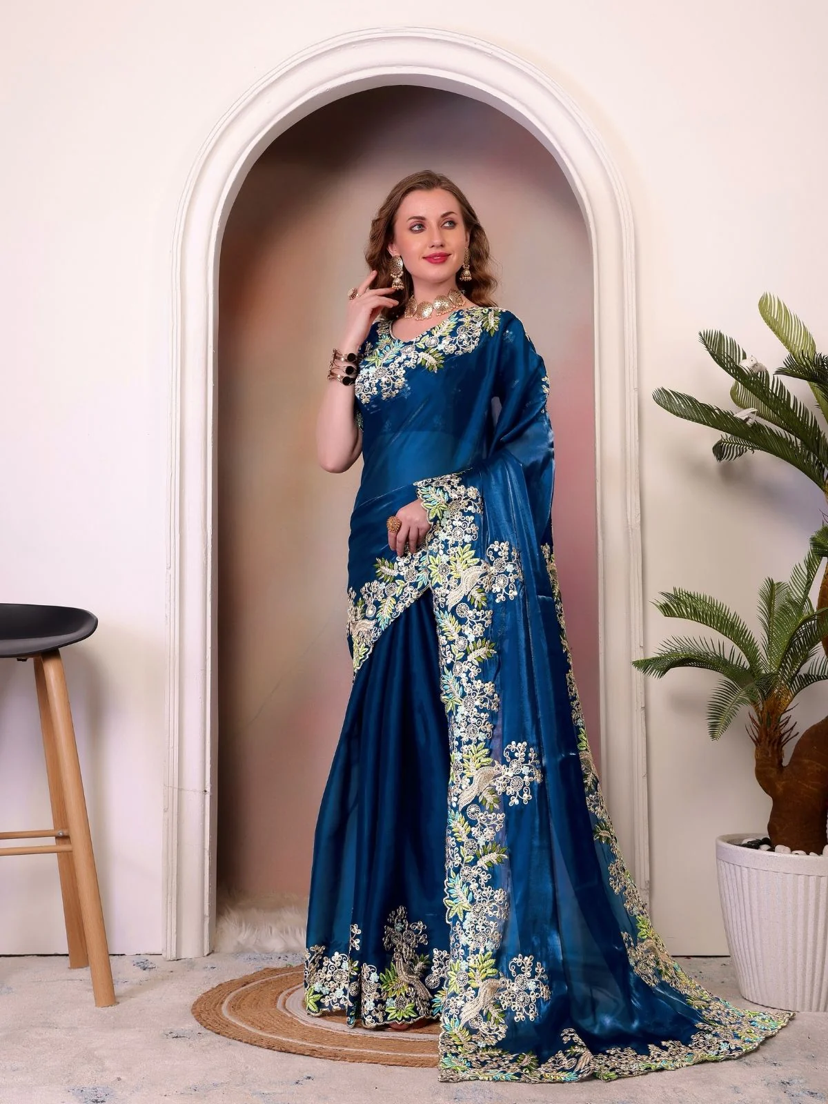 Odette Teal Blue Organza Embroidered Solid Saree For Women - Image 2
