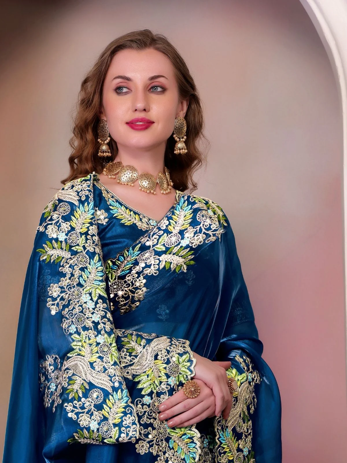 Odette Teal Blue Organza Embroidered Solid Saree For Women - Image 3