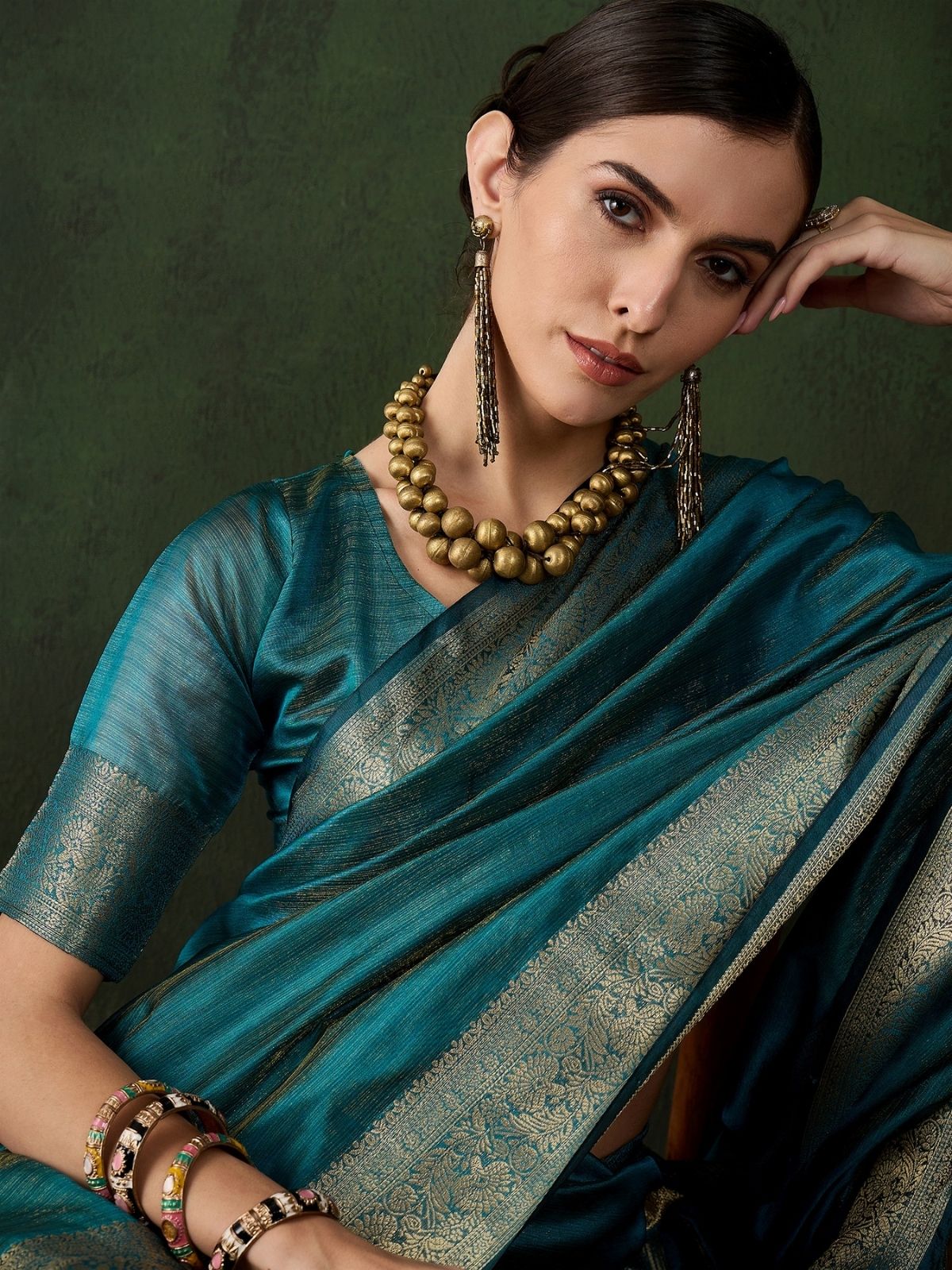 Odette Teal Blue Organza Woven Saree With Unstitched Blouse For Women - Image 4