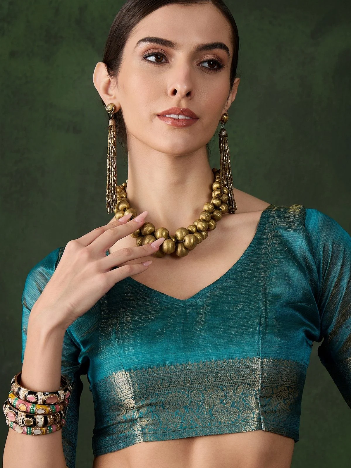 Odette Teal Blue Organza Woven Saree With Unstitched Blouse For Women - Image 5