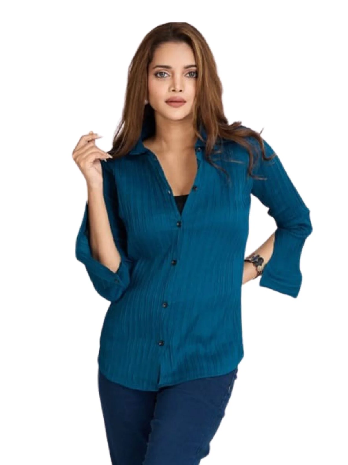 Odette Teal Blue Poly Cotton Solid Shirt For Women - Image 2