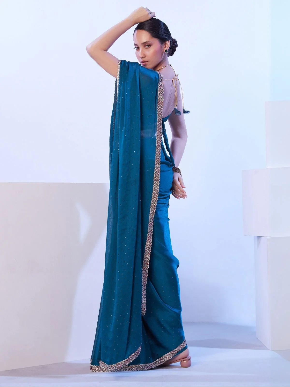 Odette Teal Blue Satin Embellished Lace Work Saree With Unstitched Blouse For Women - Image 3
