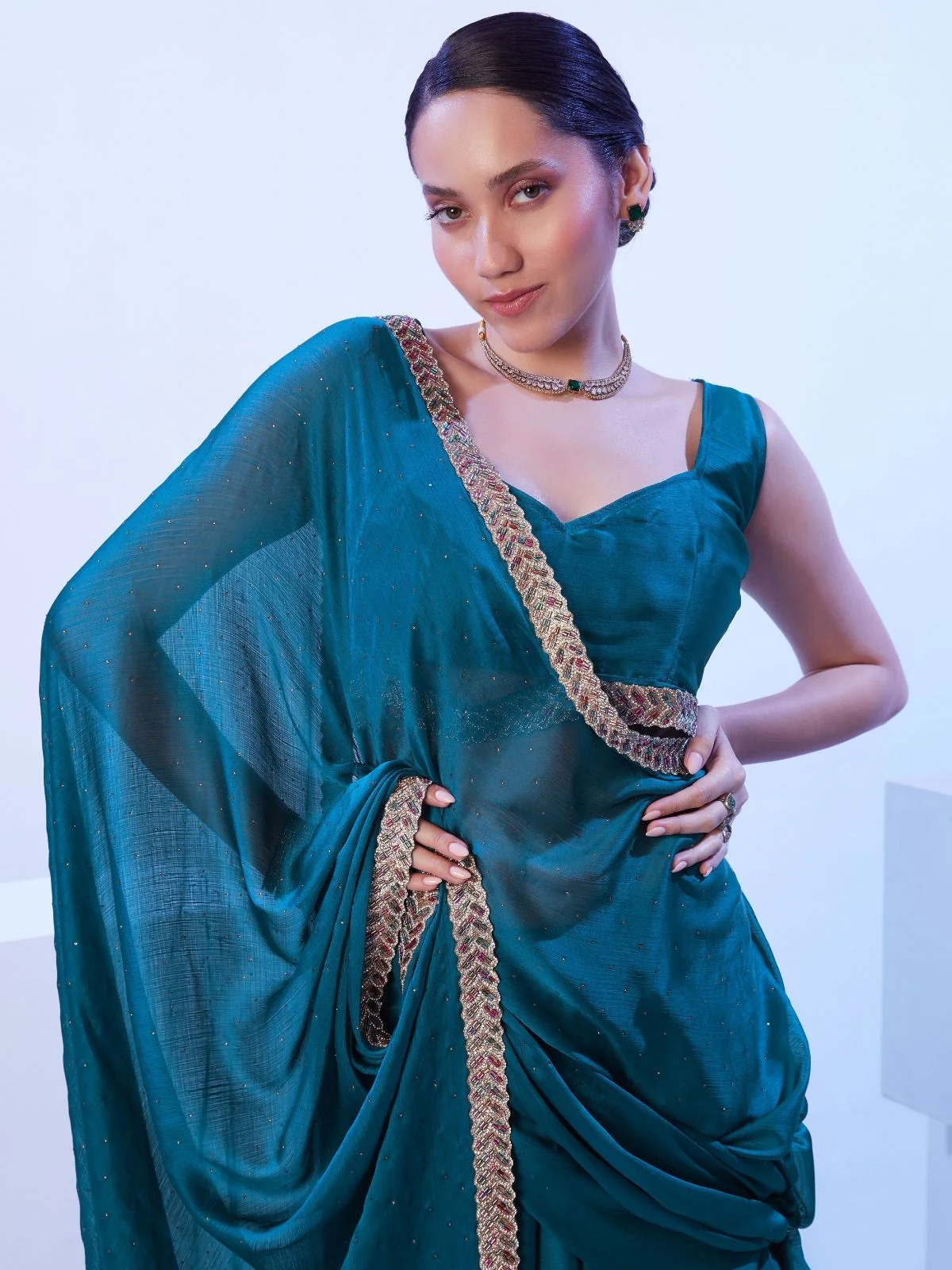 Odette Teal Blue Satin Embellished Lace Work Saree With Unstitched Blouse For Women - Image 4