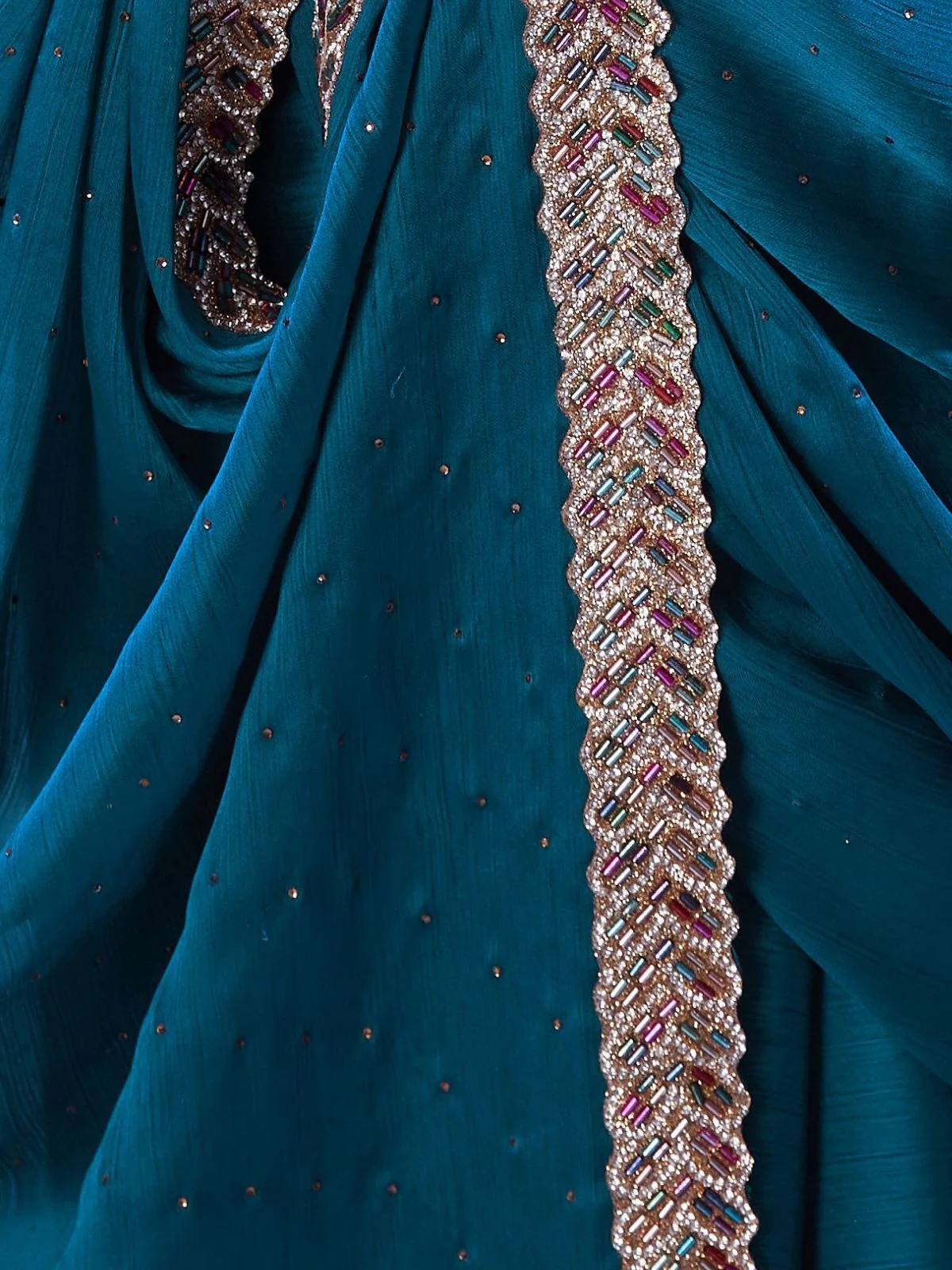 Odette Teal Blue Satin Embellished Lace Work Saree With Unstitched Blouse For Women - Image 6