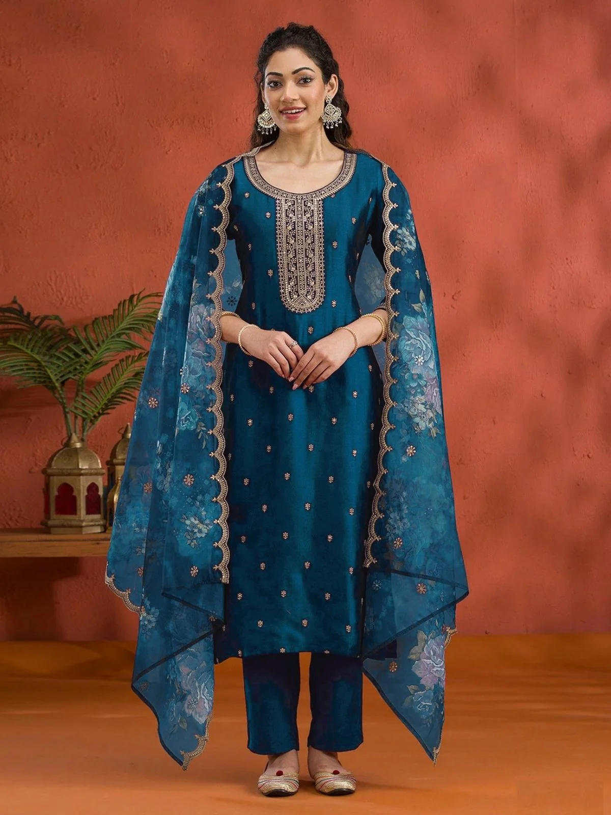 Odette Teal Blue Silk Blend Embroidered Semi-Sitched Kurta Set For Women