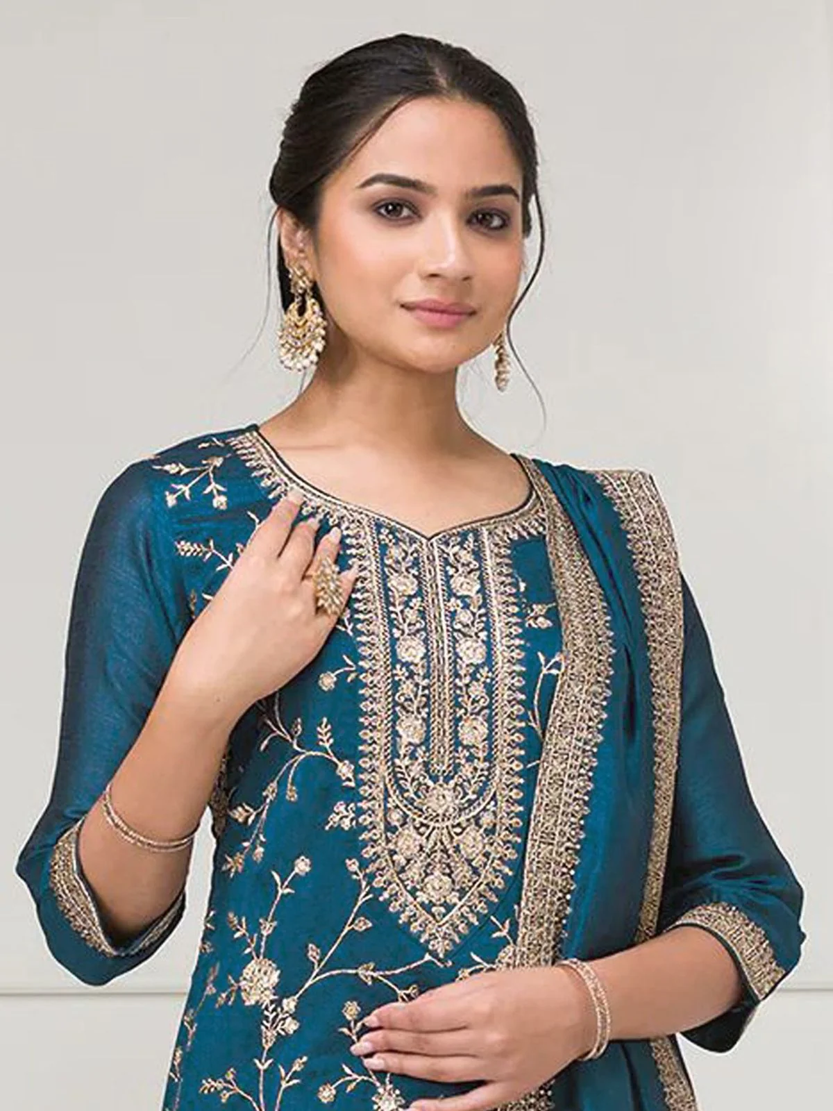 Odette Teal Blue Silk Blend Embroidered Semi-Stitched Kurta Set For Women - Image 3