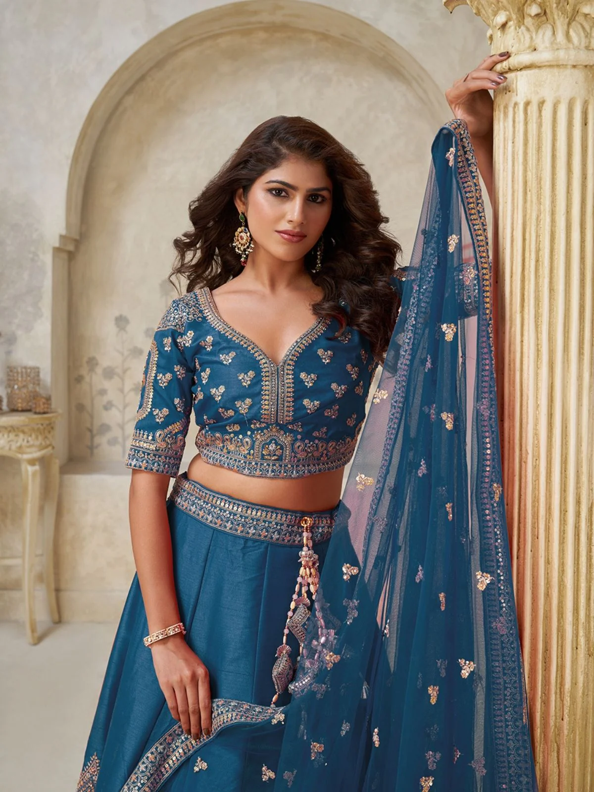 Odette Teal Blue Silk Blend Embroidered Semi-Stitched Lehenga For Women - Image 3