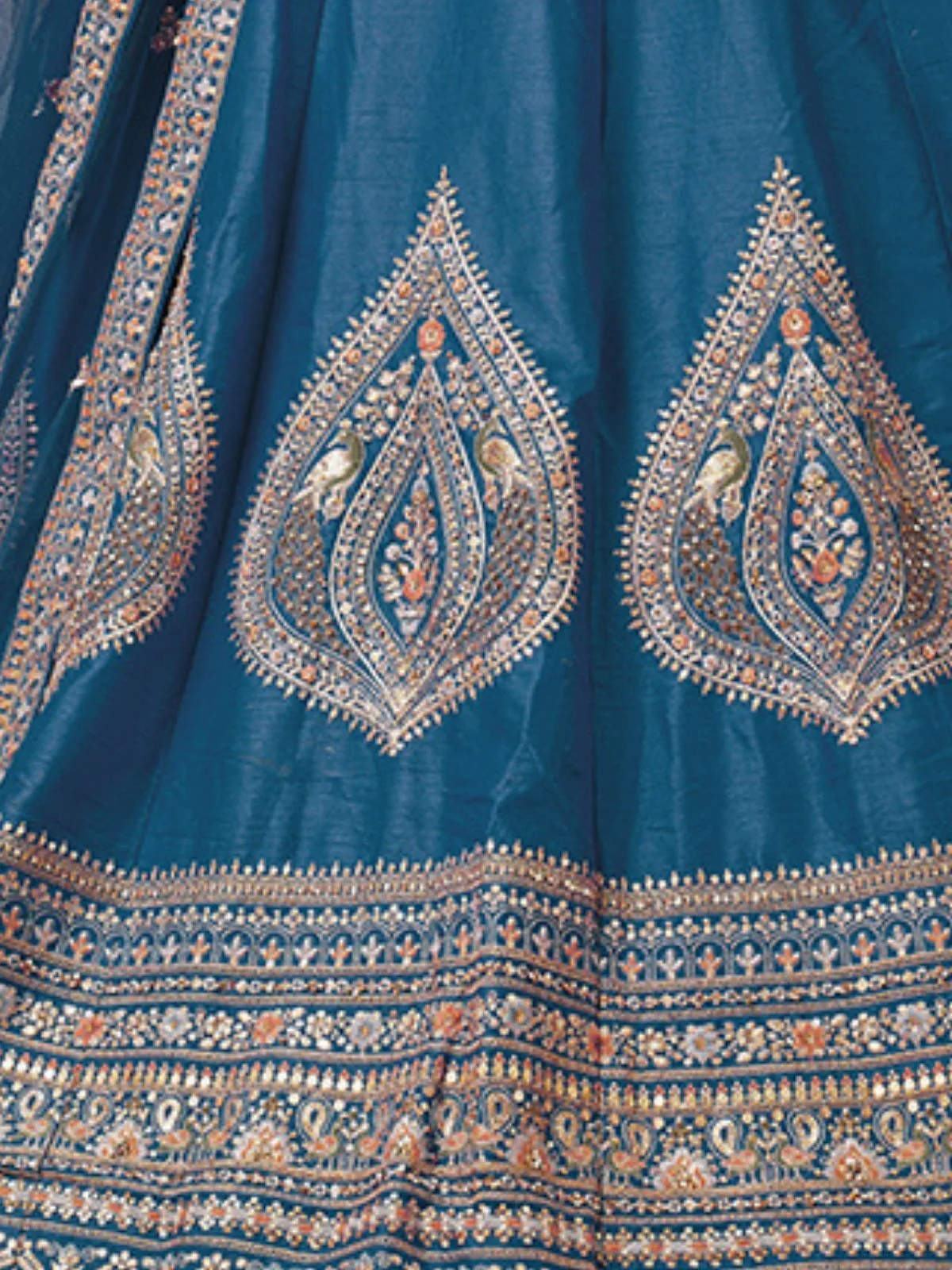 Odette Teal Blue Silk Blend Embroidered Semi-Stitched Lehenga For Women - Image 4