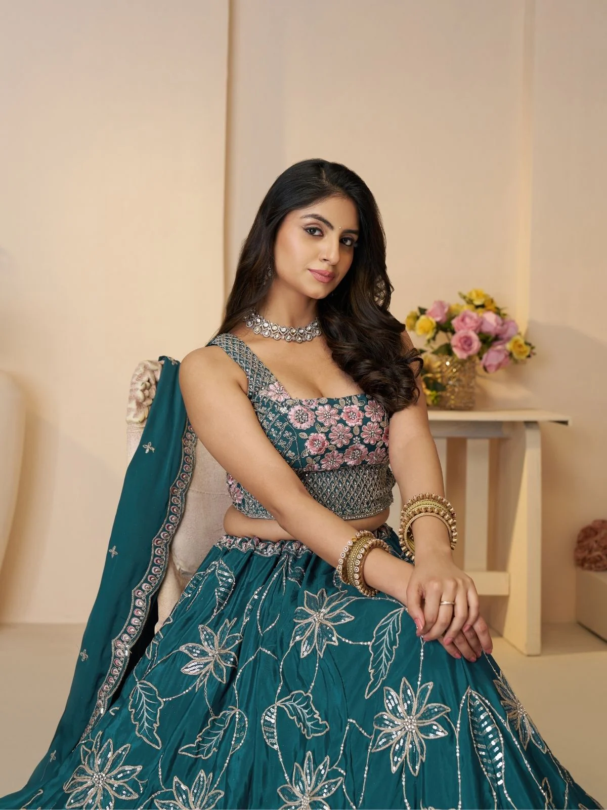 Odette Teal Blue Silk Blend Embroidered Semi-Stitched Lehenga For Women - Image 3