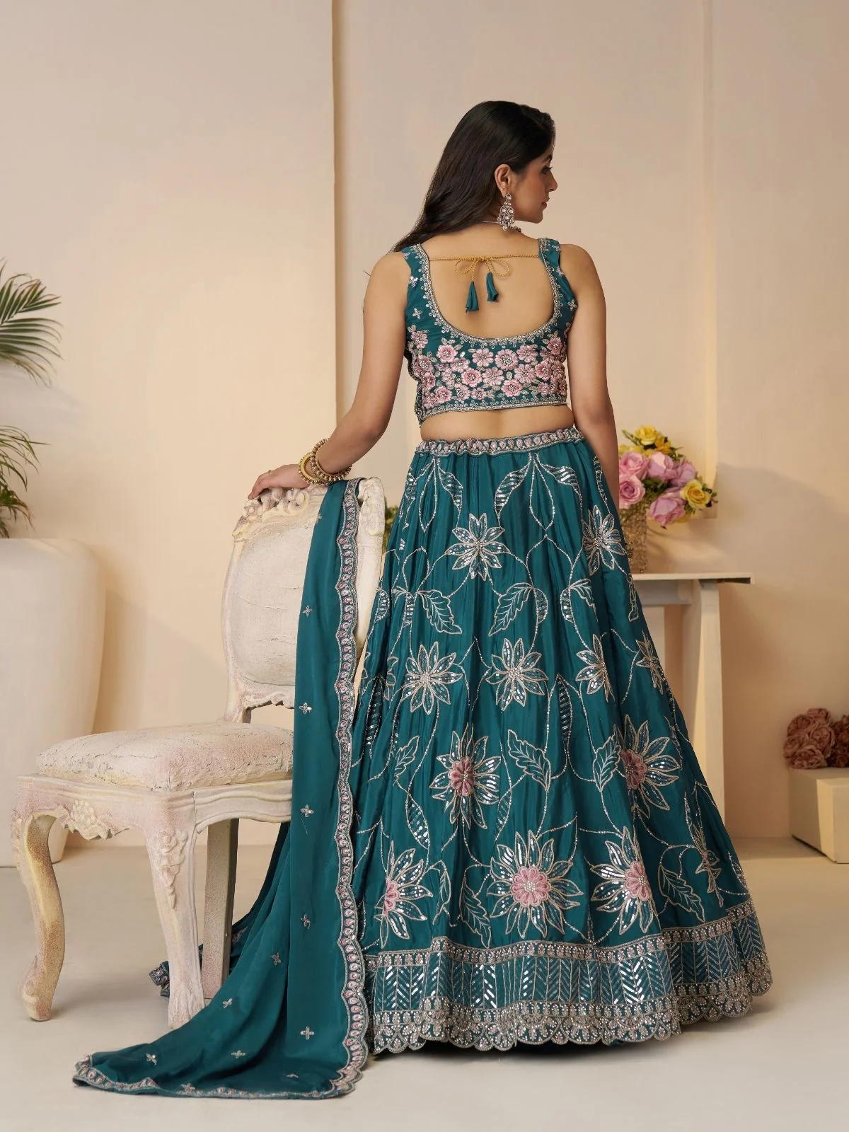 Odette Teal Blue Silk Blend Embroidered Semi-Stitched Lehenga For Women - Image 4