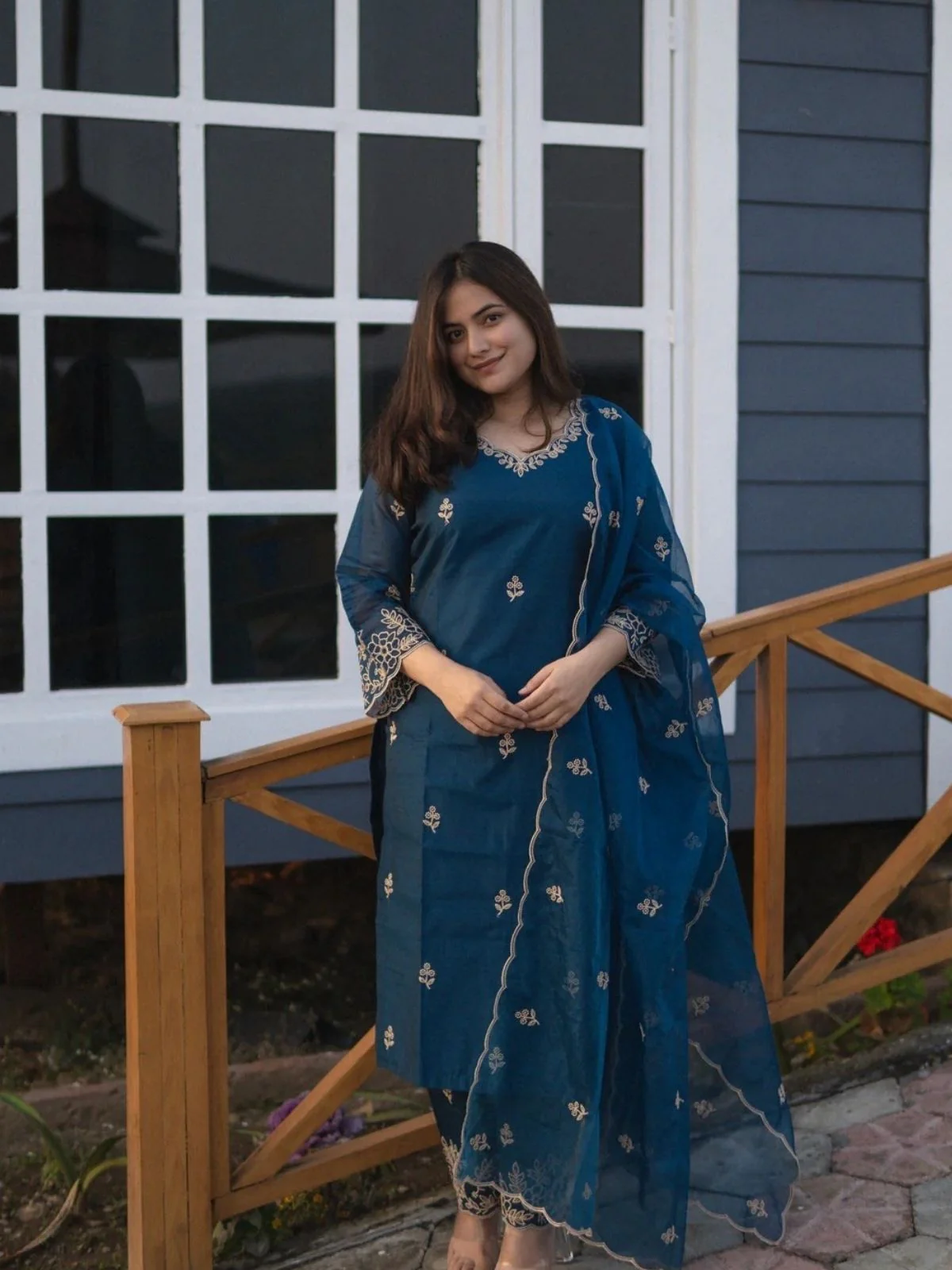 Odette Teal Blue Silk Blend Embroidered Stiched Kurta Set For Women - Image 2