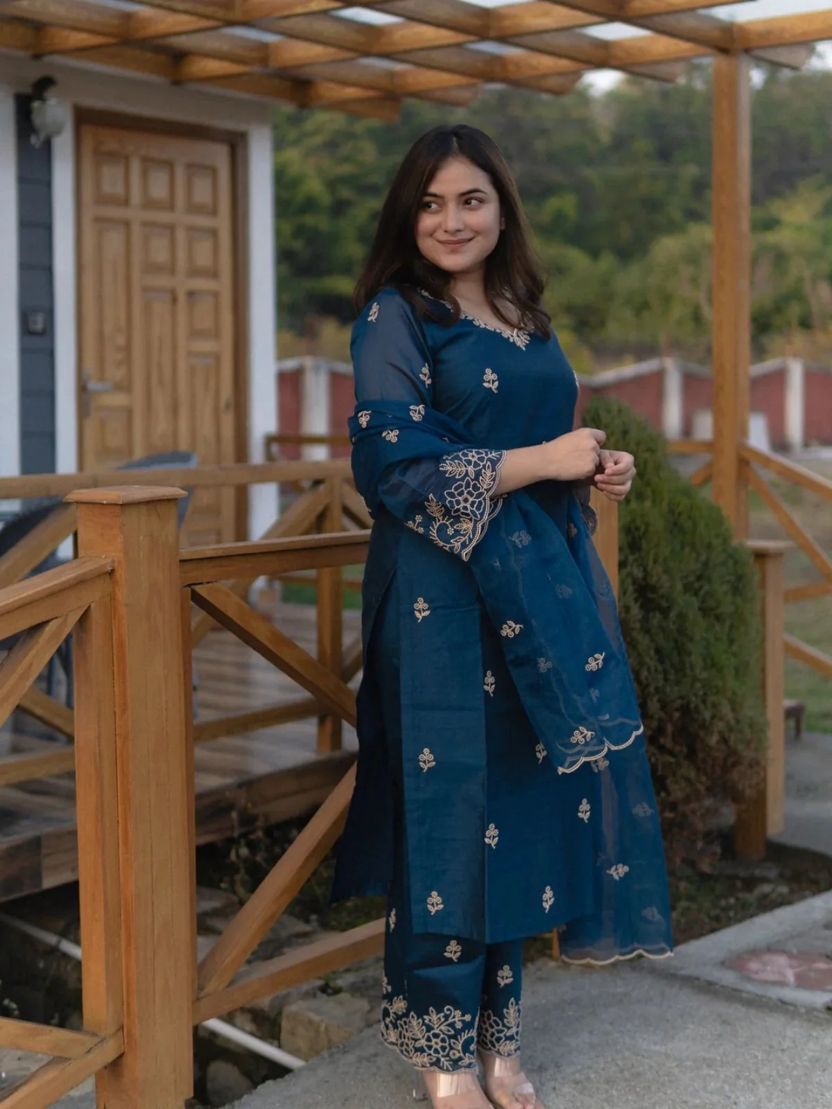 Odette Teal Blue Silk Blend Embroidered Stiched Kurta Set For Women - Image 3