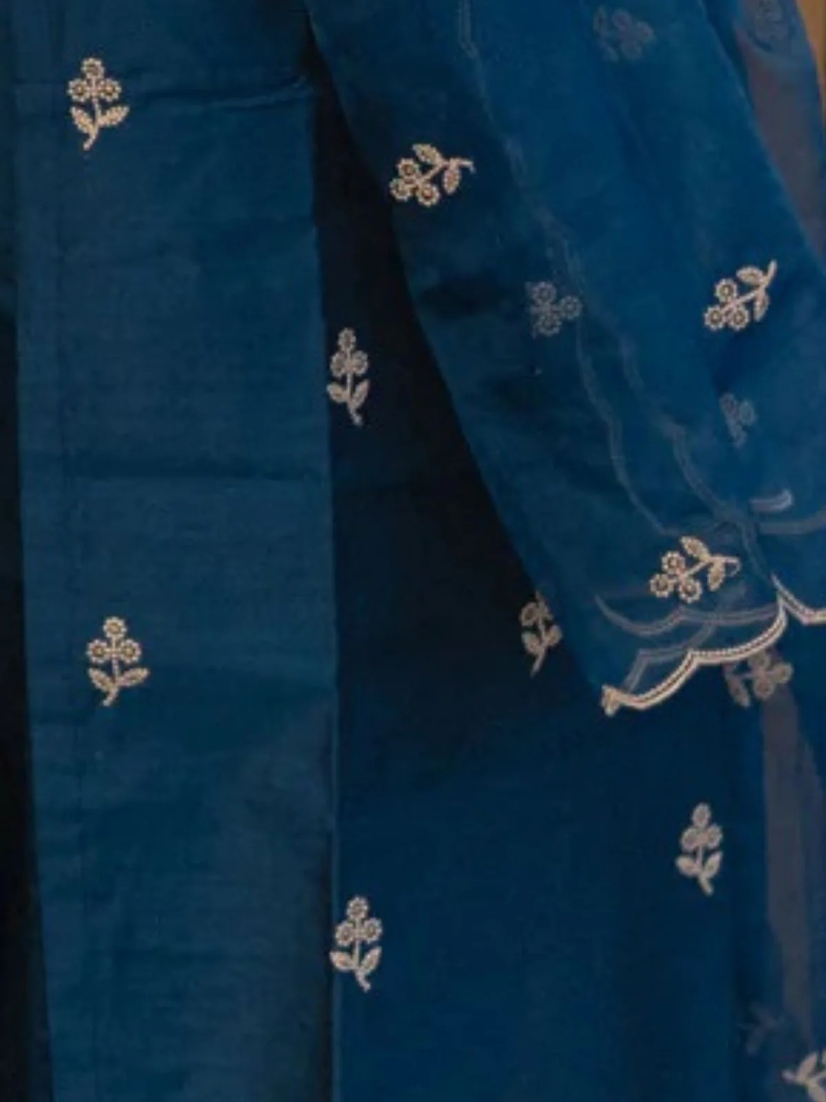 Odette Teal Blue Silk Blend Embroidered Stiched Kurta Set For Women - Image 4