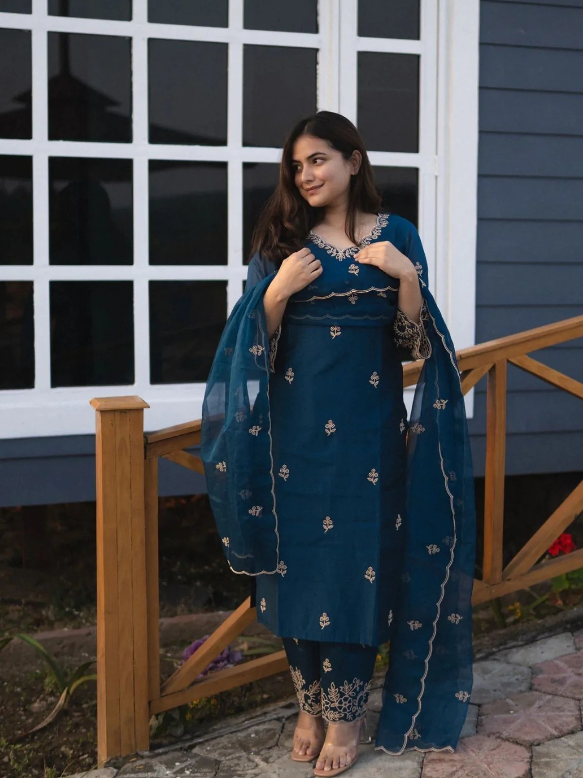 Odette Teal Blue Silk Blend Embroidered Stiched Kurta Set For Women - Image 6