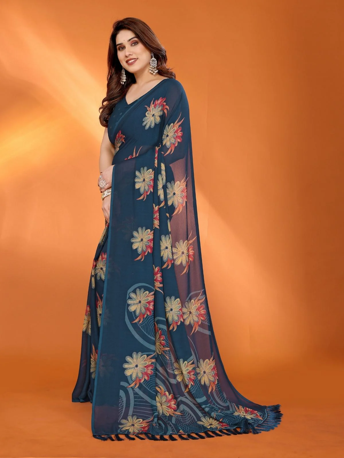 Odette Teal Blue Silk Blend Floral Print Saree For Women - Image 2