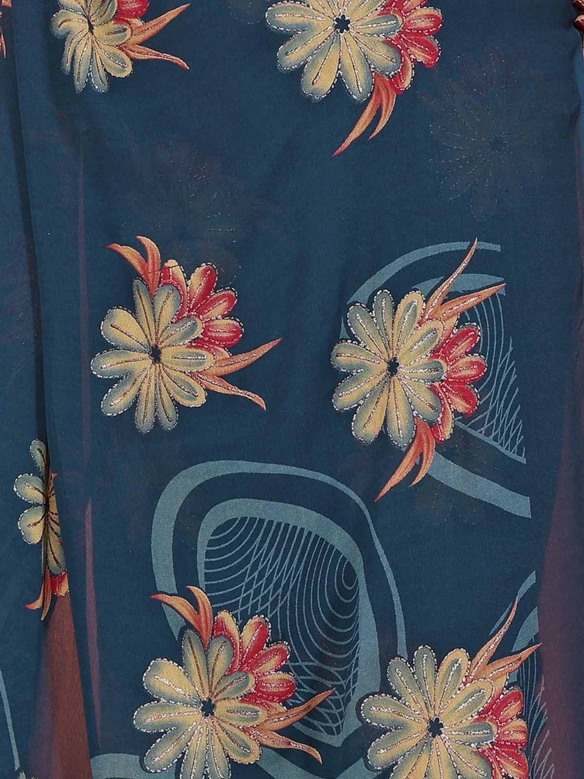 Odette Teal Blue Silk Blend Floral Print Saree For Women - Image 5