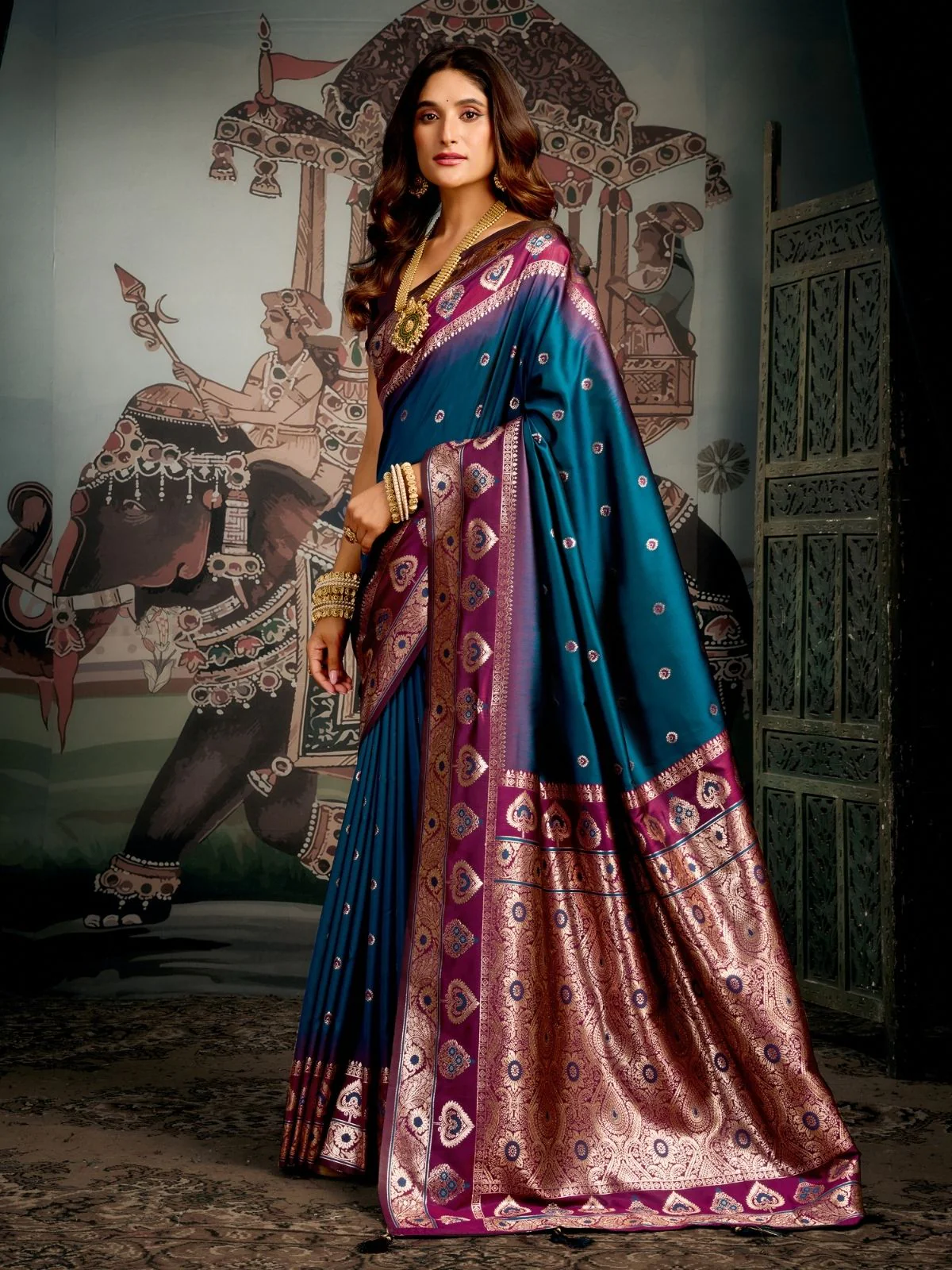 Odette Teal Blue Silk Blend Woven Saree For Women - Image 2
