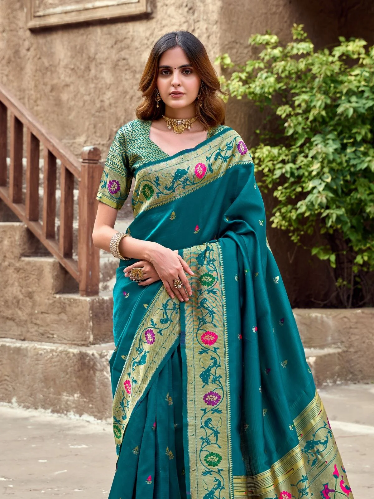 Odette Teal Blue Silk Woven Paithani Saree For Women - Image 4