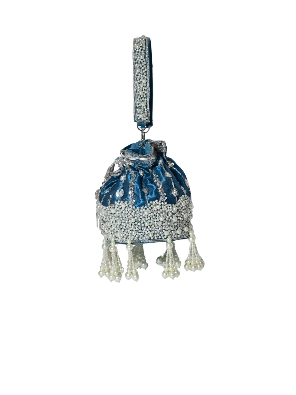 Odette Teal Blue Suede Embellished Potli For Women - Image 2