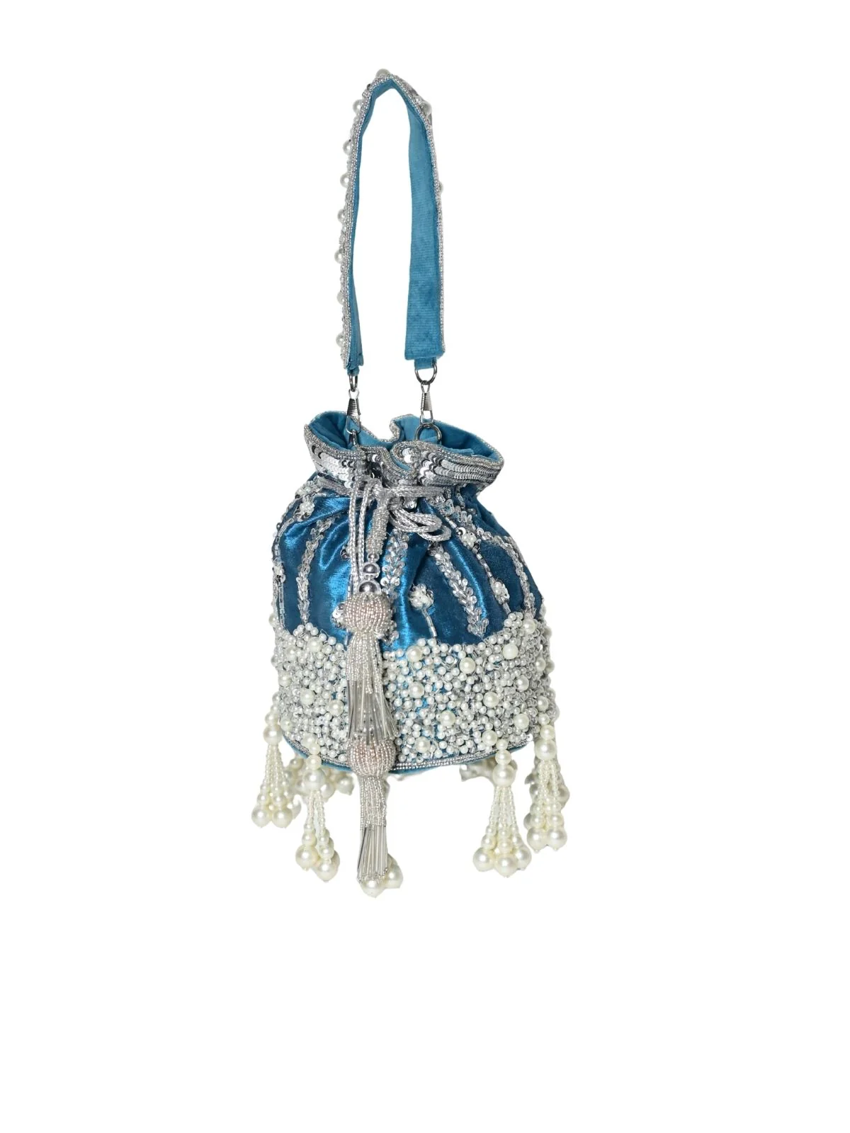 Odette Teal Blue Suede Embellished Potli For Women - Image 3