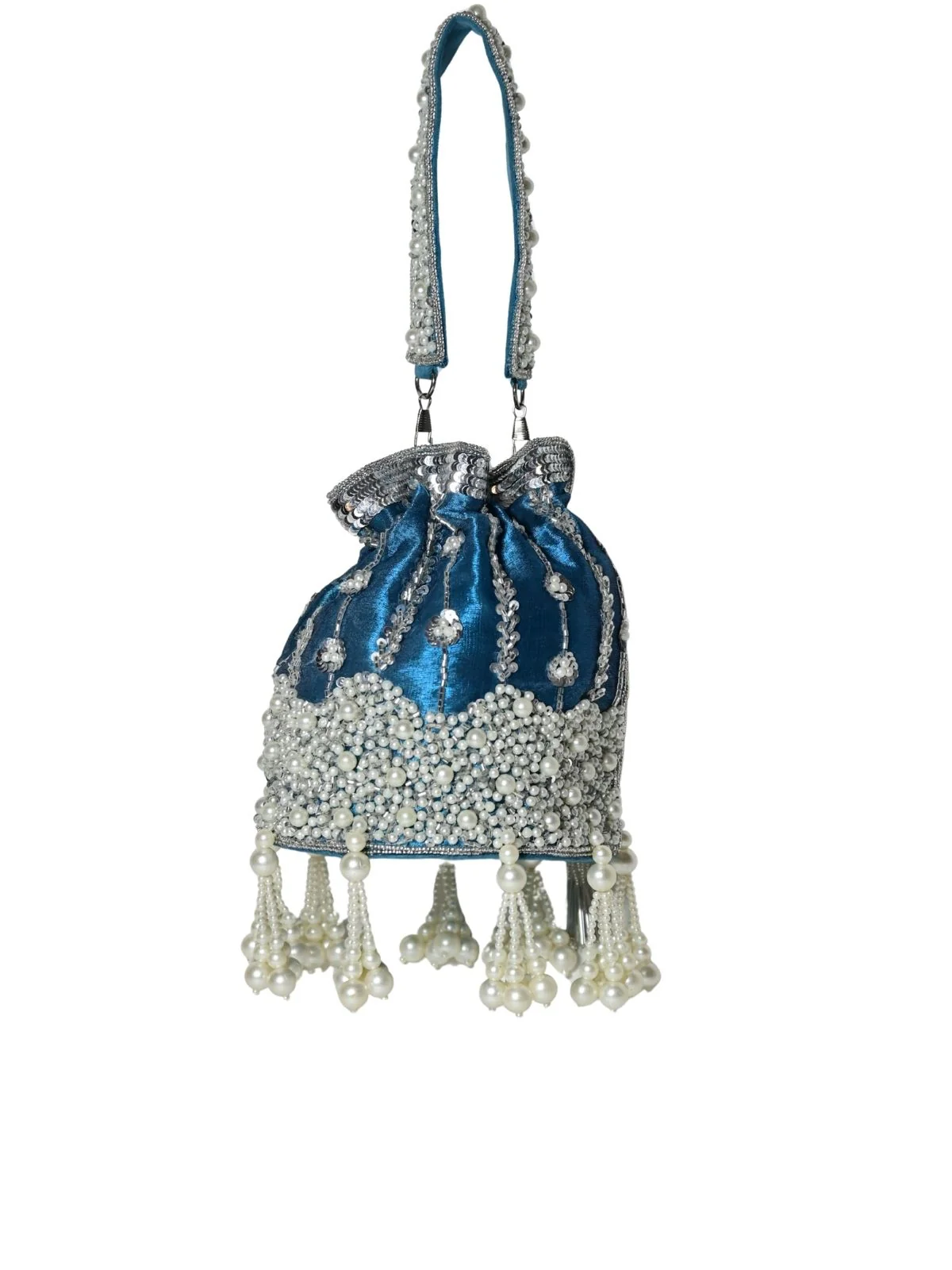 Odette Teal Blue Suede Embellished Potli For Women - Image 4