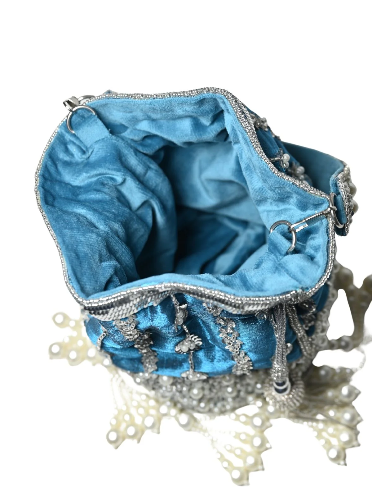 Odette Teal Blue Suede Embellished Potli For Women - Image 6