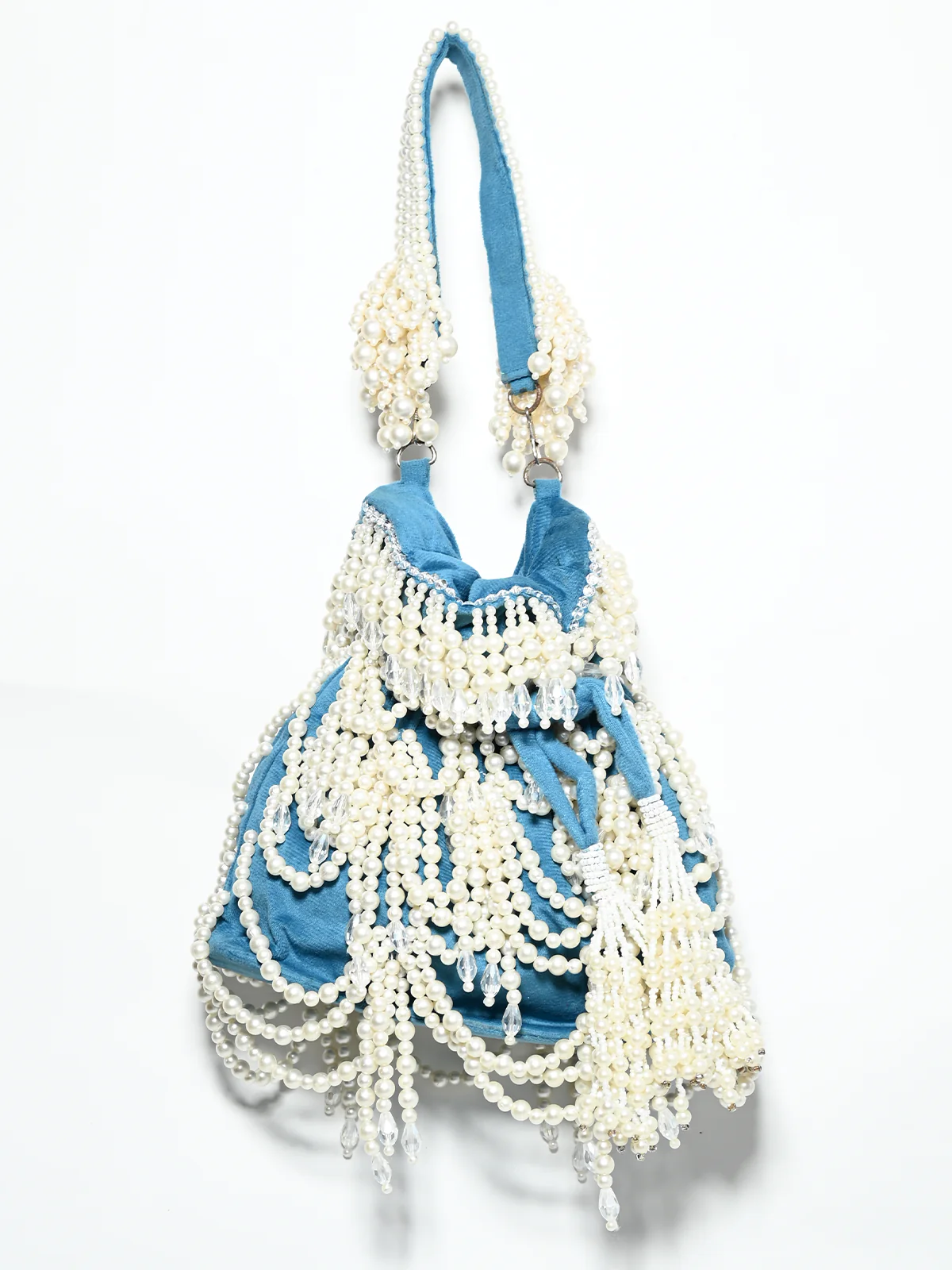 Odette Teal Blue Suede Pearl Embellished Potli For Women - Image 2