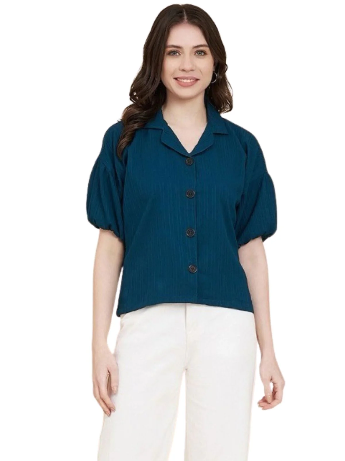 Odette Teal Blue Sugarcane Solid Shirt For Women - Image 2