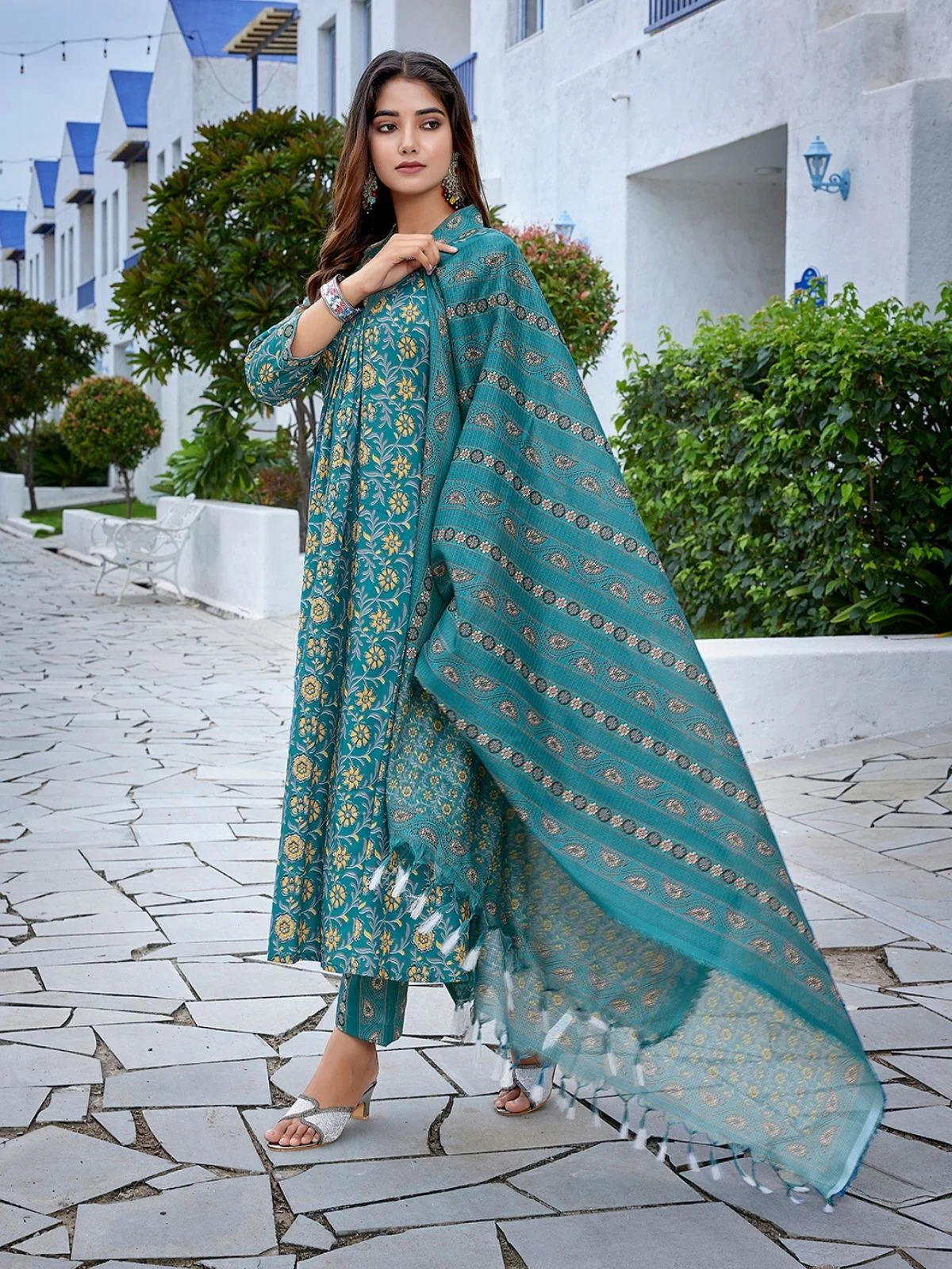 Odette Teal Blue Viscose Printed Stiched Kurta Set For Women - Image 2