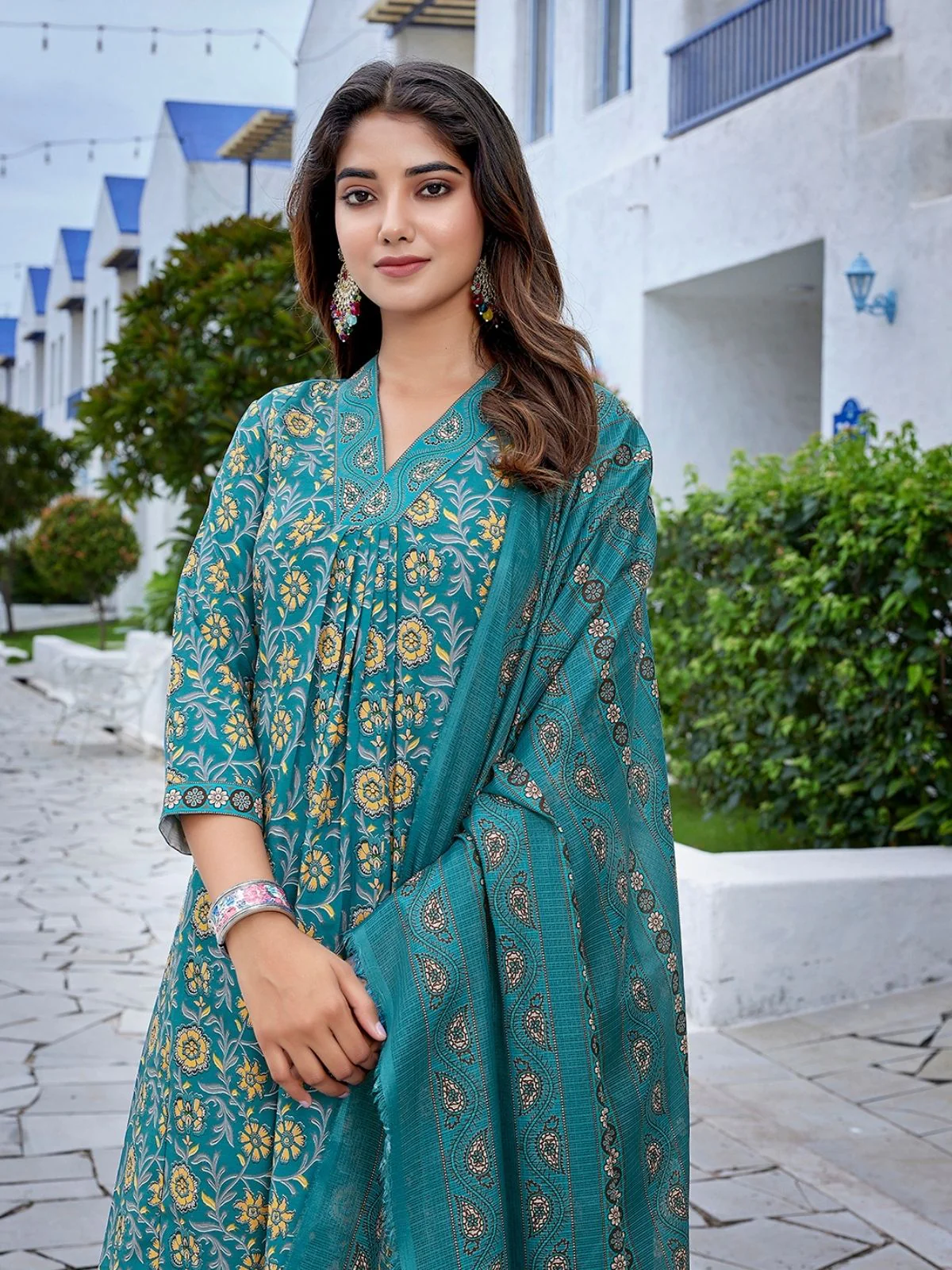 Odette Teal Blue Viscose Printed Stiched Kurta Set For Women - Image 4