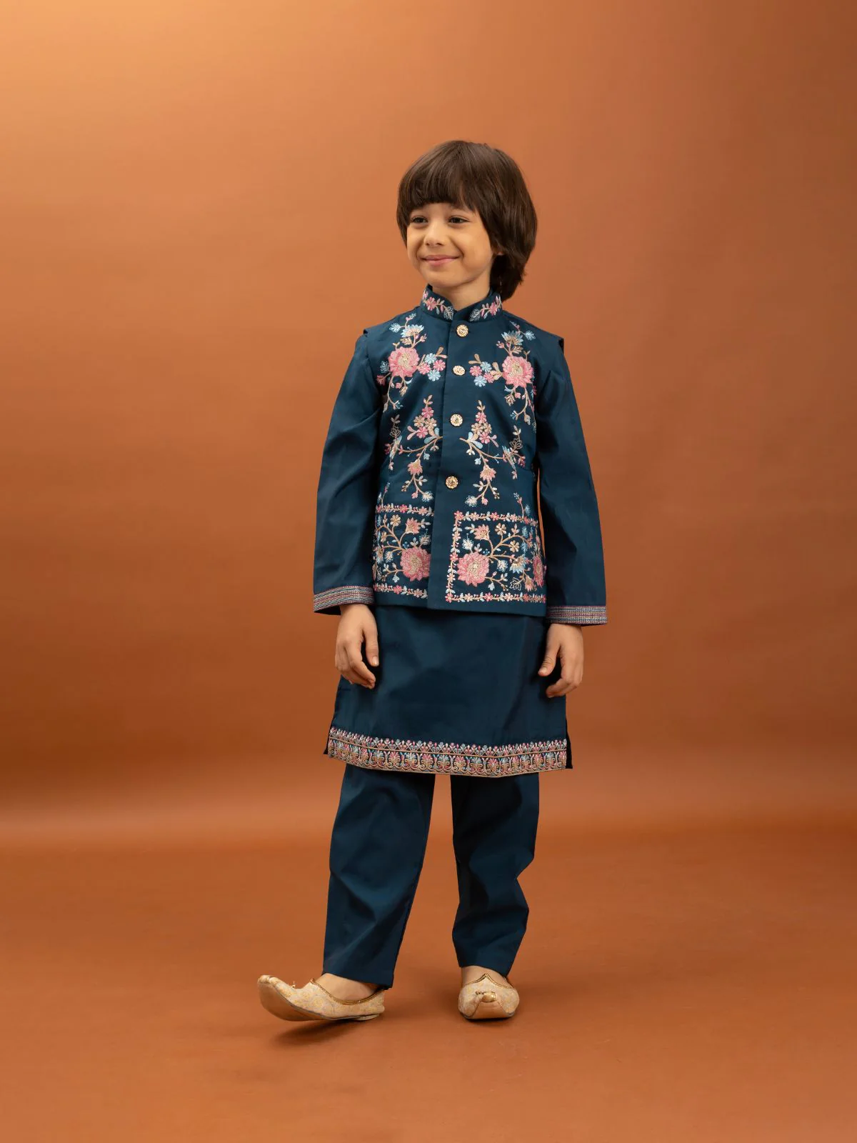 Odette Teal Blue Viscose Silk Embroidered Stitched Kurta Set For Kids - Image 2