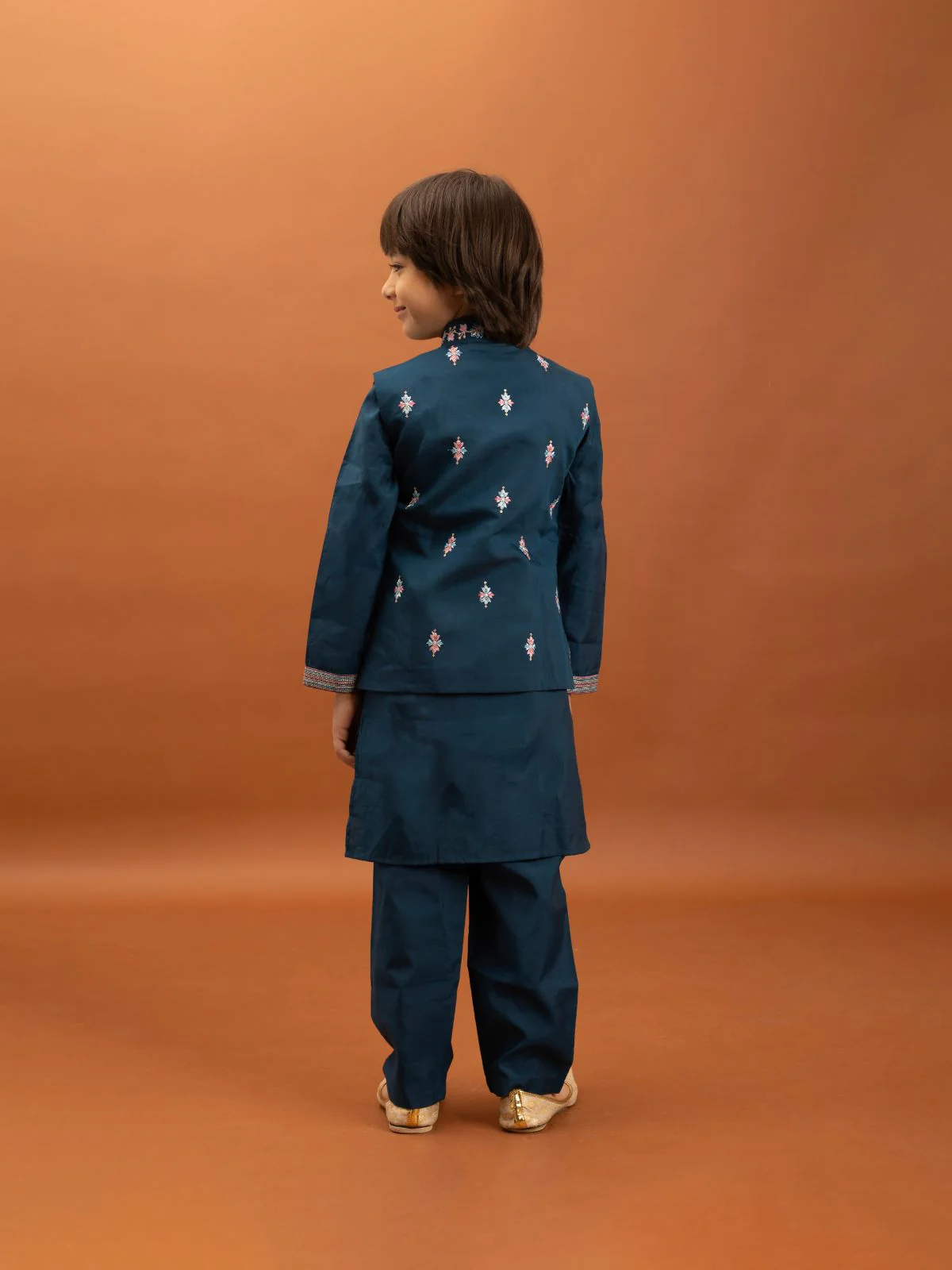 Odette Teal Blue Viscose Silk Embroidered Stitched Kurta Set For Kids - Image 4