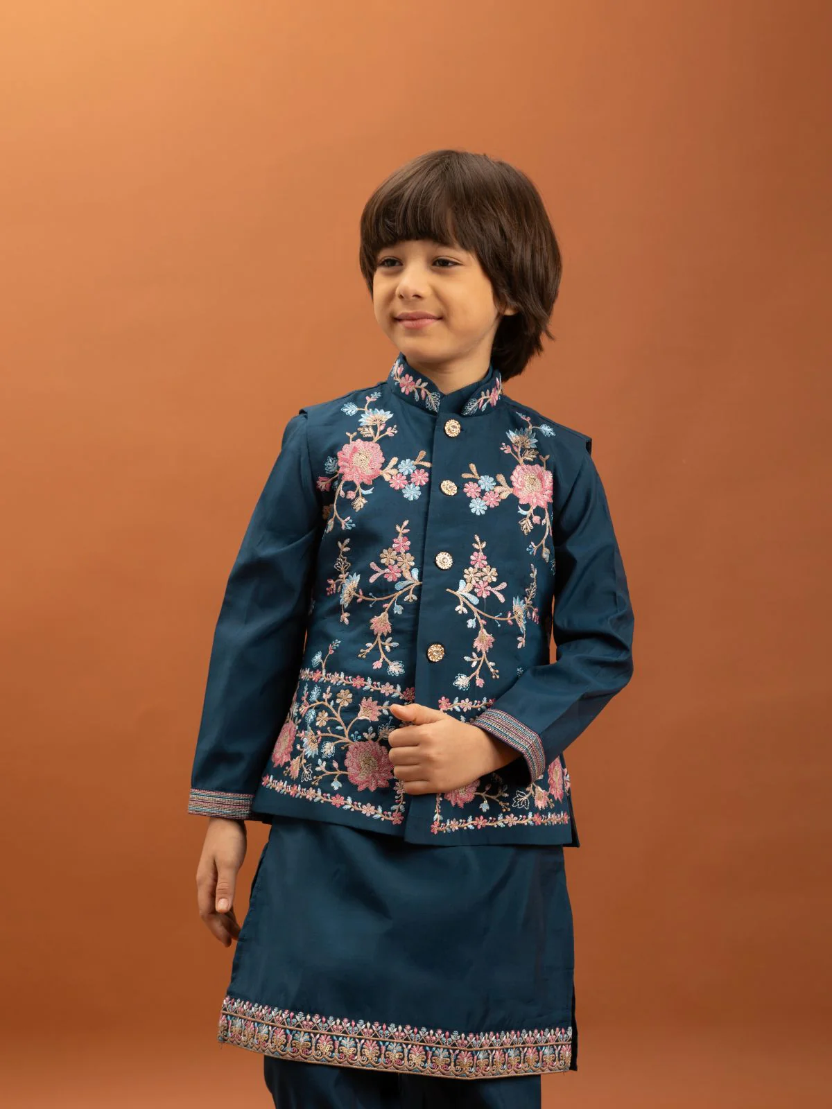 Odette Teal Blue Viscose Silk Embroidered Stitched Kurta Set For Kids - Image 5