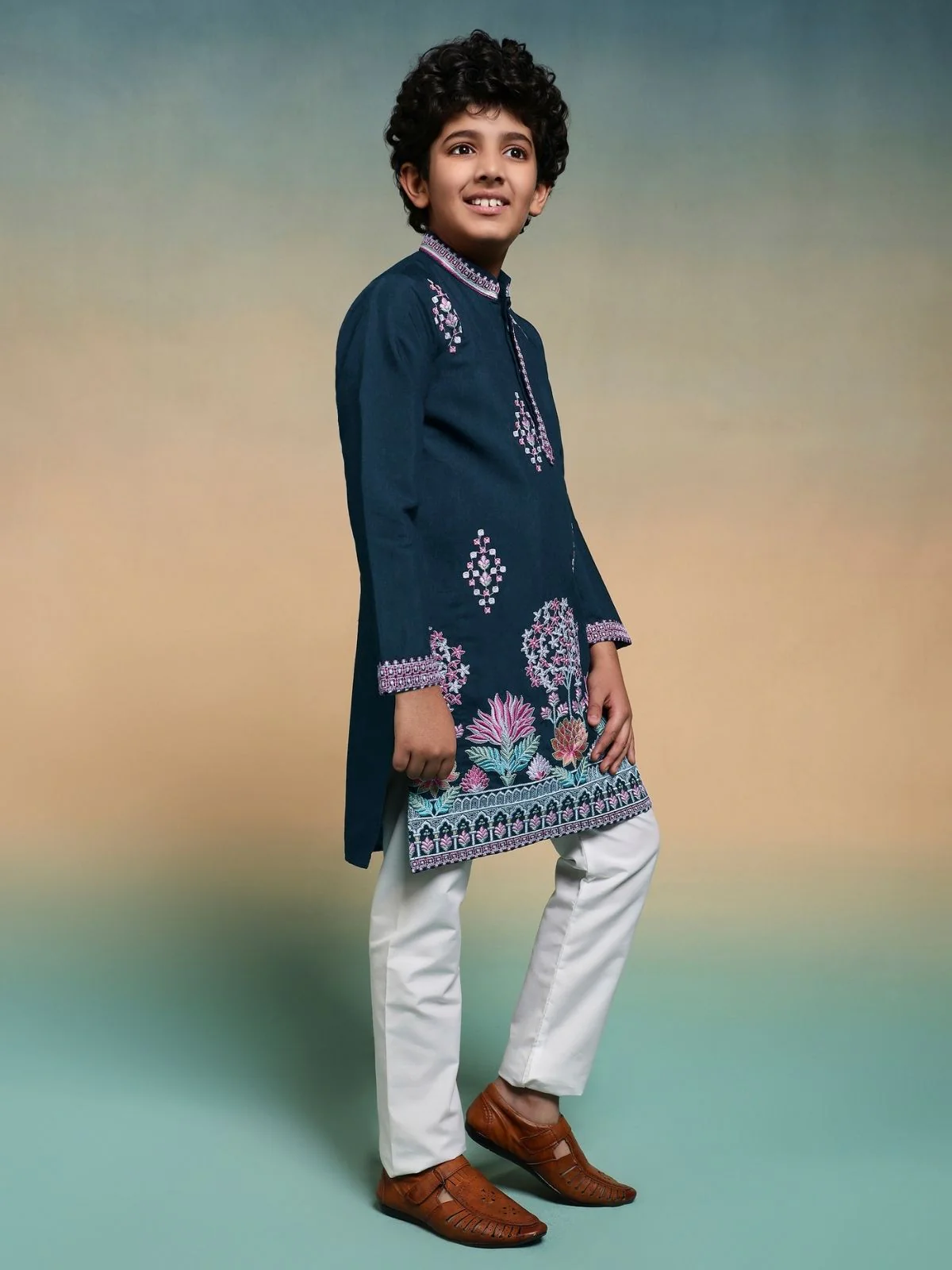 Odette Teal blue Viscose Silk Embroidered Stitched Kurta Set For Kids - Image 3