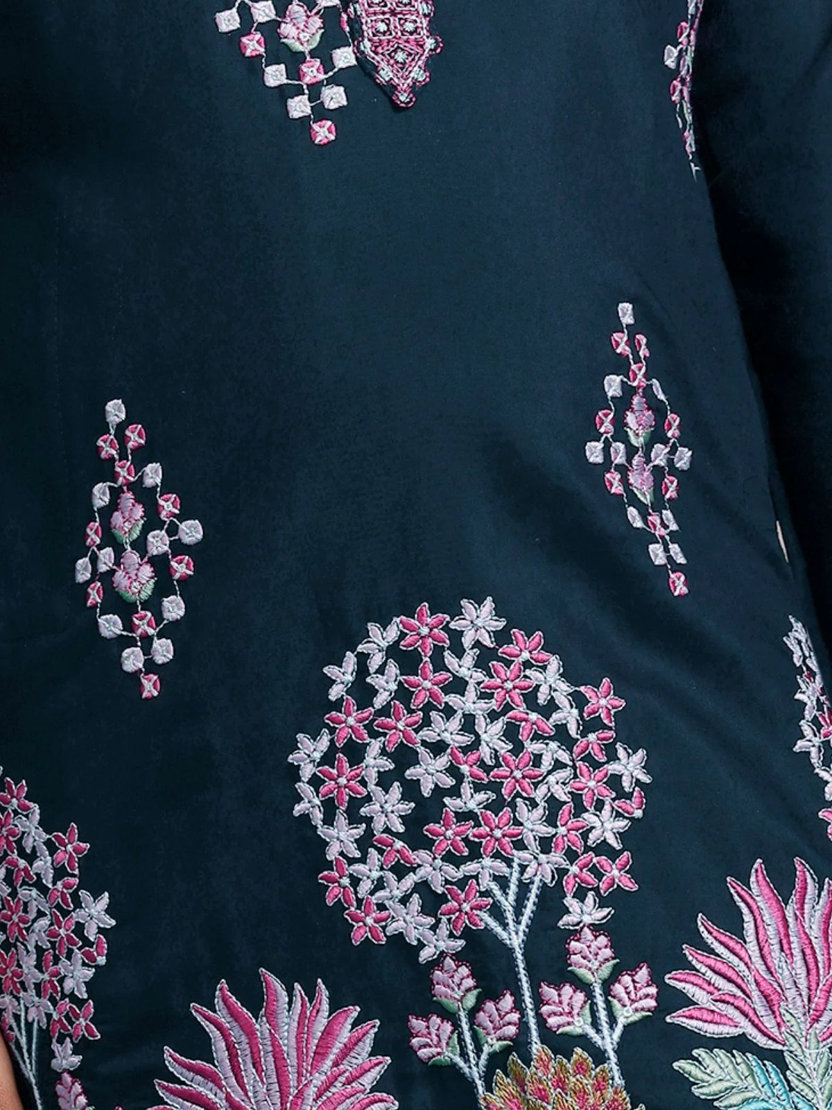 Odette Teal blue Viscose Silk Embroidered Stitched Kurta Set For Kids - Image 6