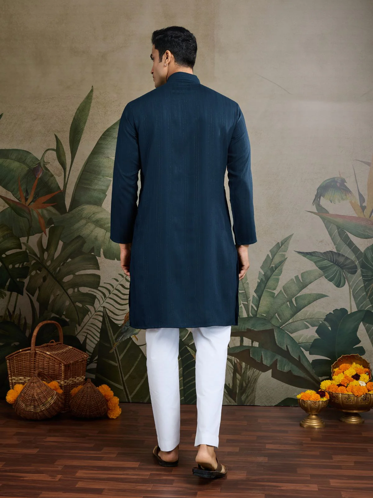 Odette Teal Blue Viscose Silk Woven Kurta For Men - Image 4