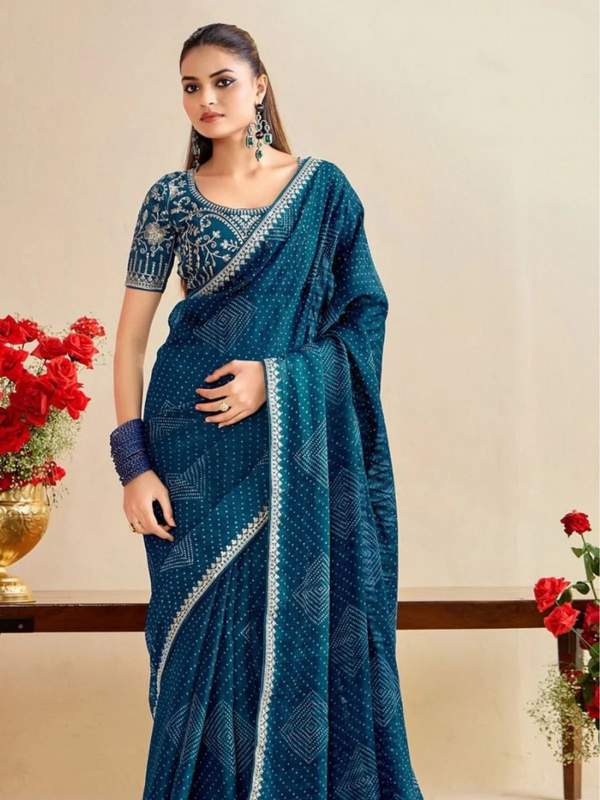 Odette Teal Chiffon Embellished Saree For Women - Image 2