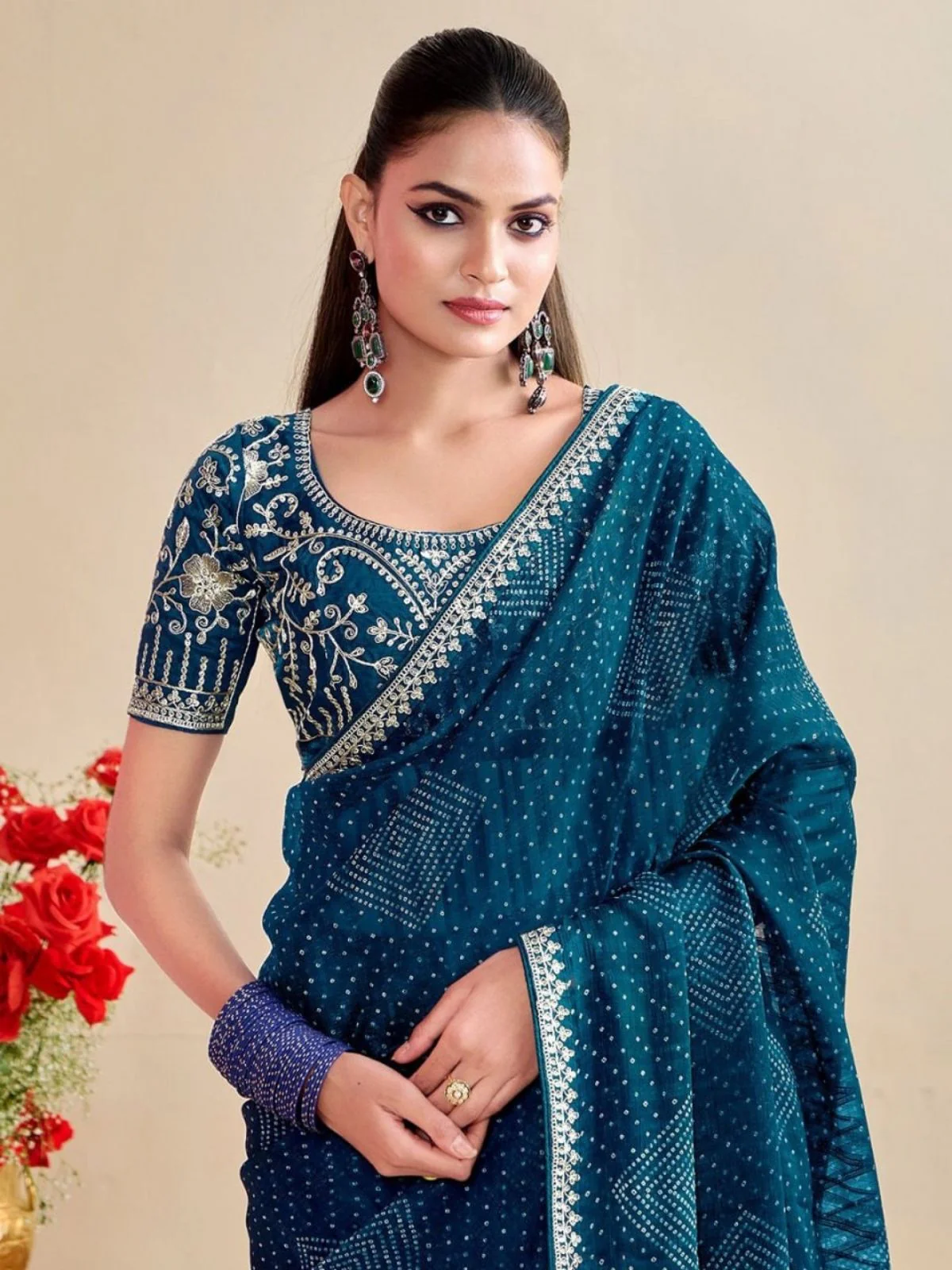 Odette Teal Chiffon Embellished Saree For Women - Image 3