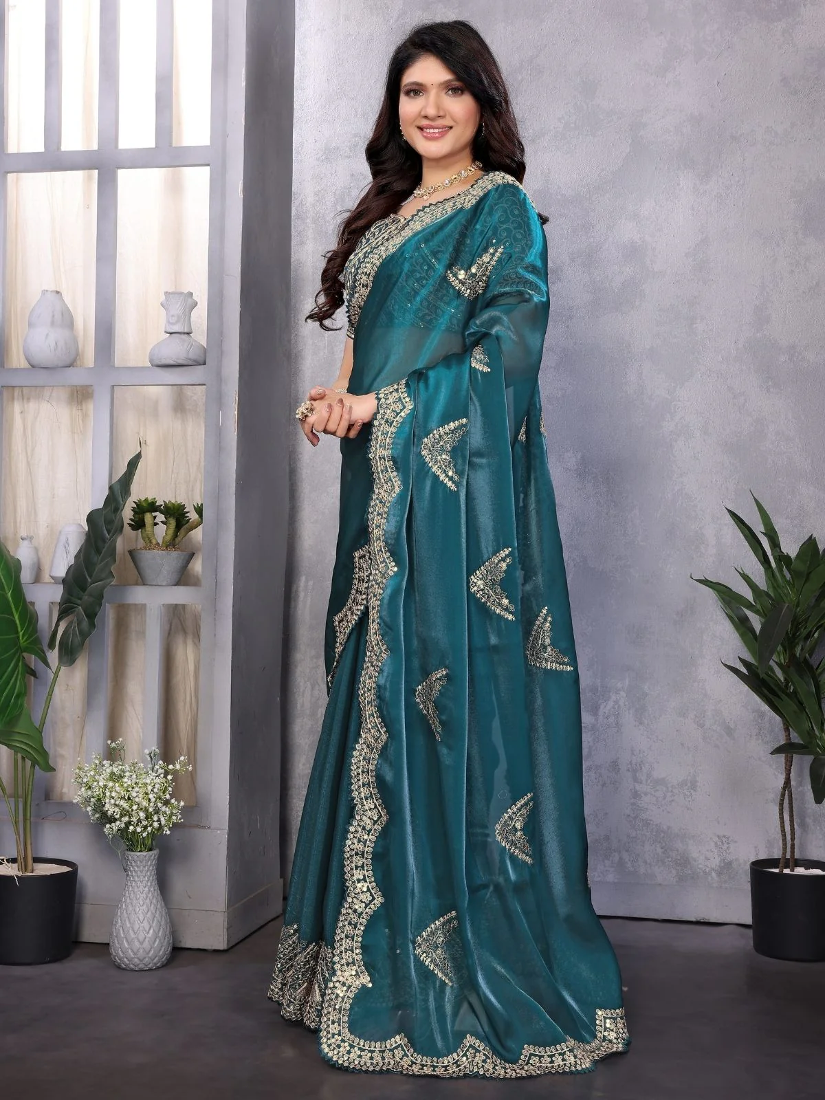 Odette Teal Chiffon Embroidered Saree For Women - Image 2