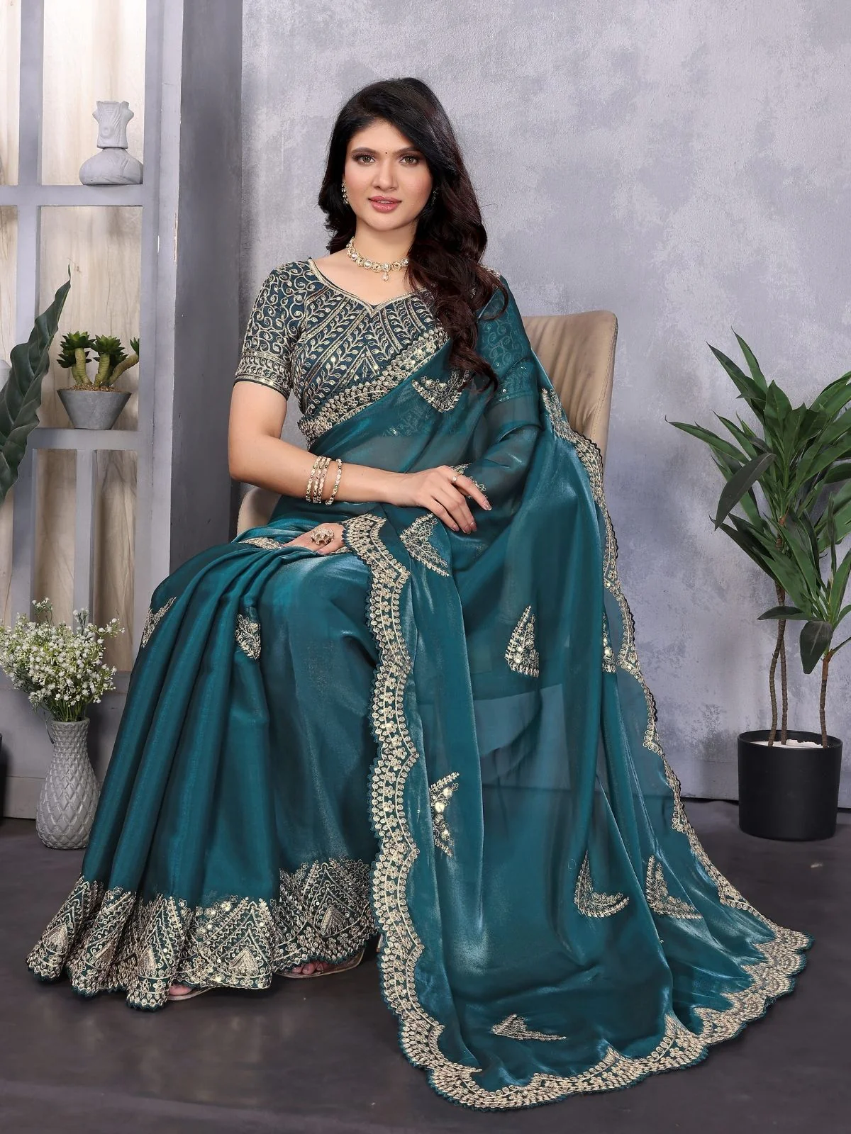 Odette Teal Chiffon Embroidered Saree For Women - Image 4