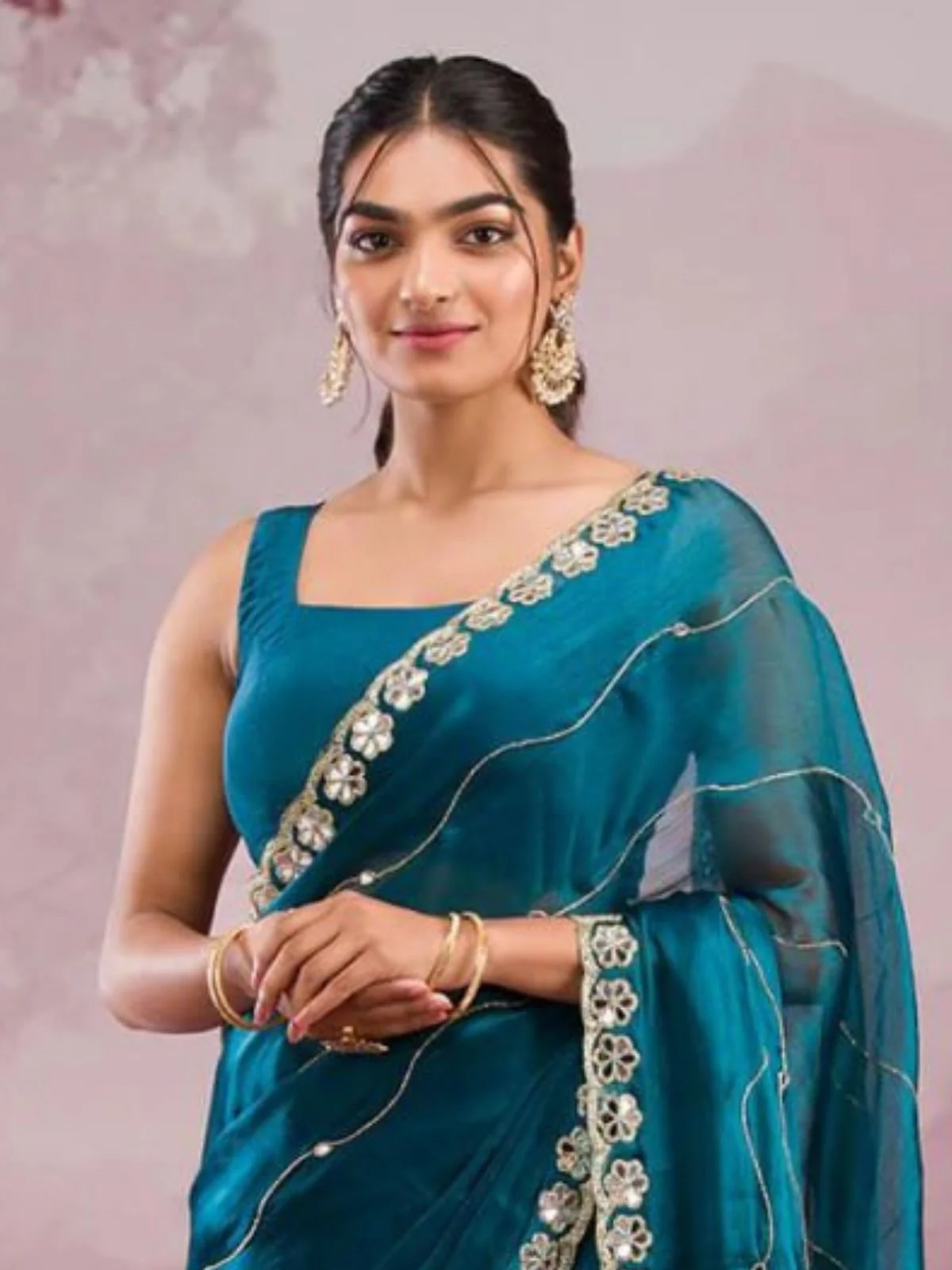 Odette Teal Blue Chiffon Embroidered Saree For Women - Image 2
