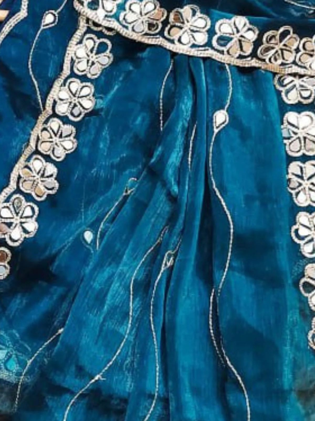 Odette Teal Blue Chiffon Embroidered Saree For Women - Image 3