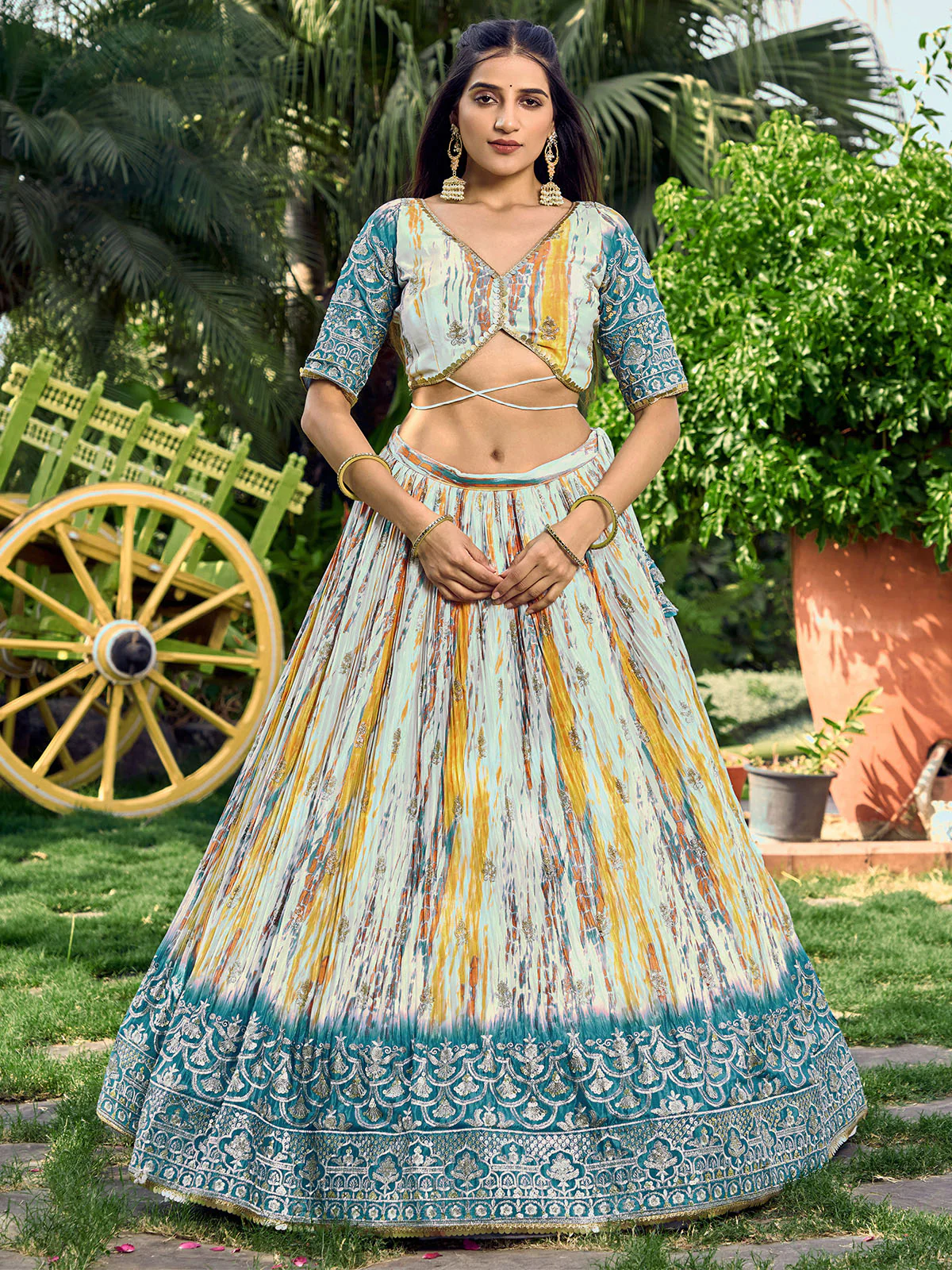 Odette Teal Chinon Embellished Semi Stitched Lehenga With Unstitched Blouse For Women - Image 2